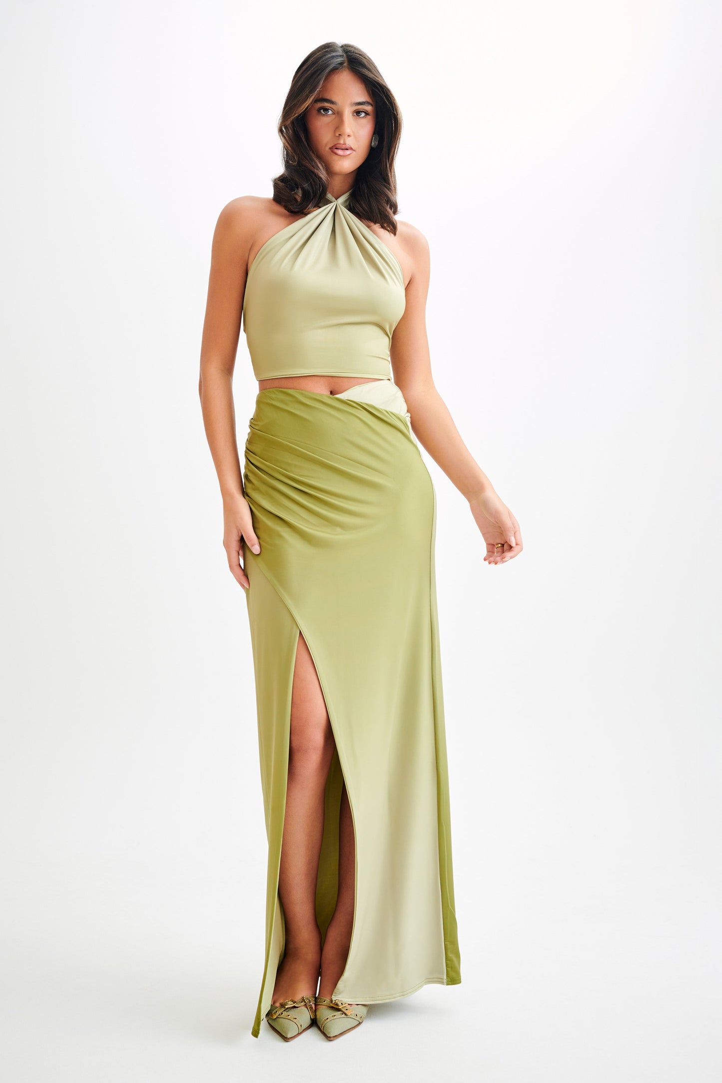 Jupe Maxi Évasée et Plissée Bronwyn - Vert Olive Vintage Ombré