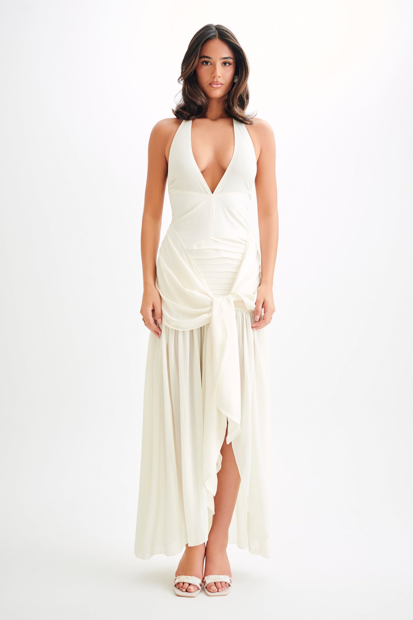 Robe Maxi en Satin et Chiffon à Décolleté Plongeant - Ivoire
