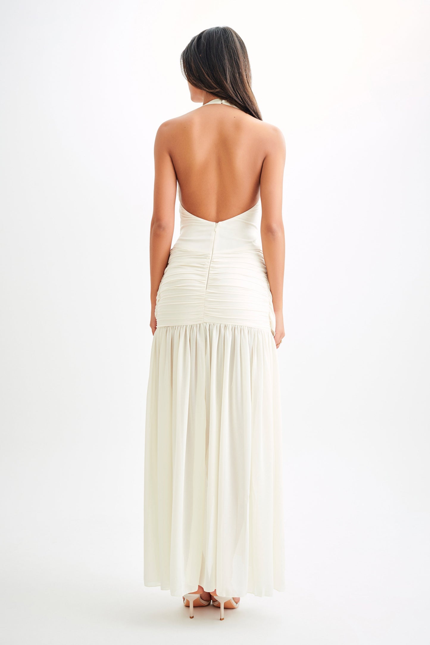 Robe Maxi en Satin et Chiffon à Décolleté Plongeant - Ivoire