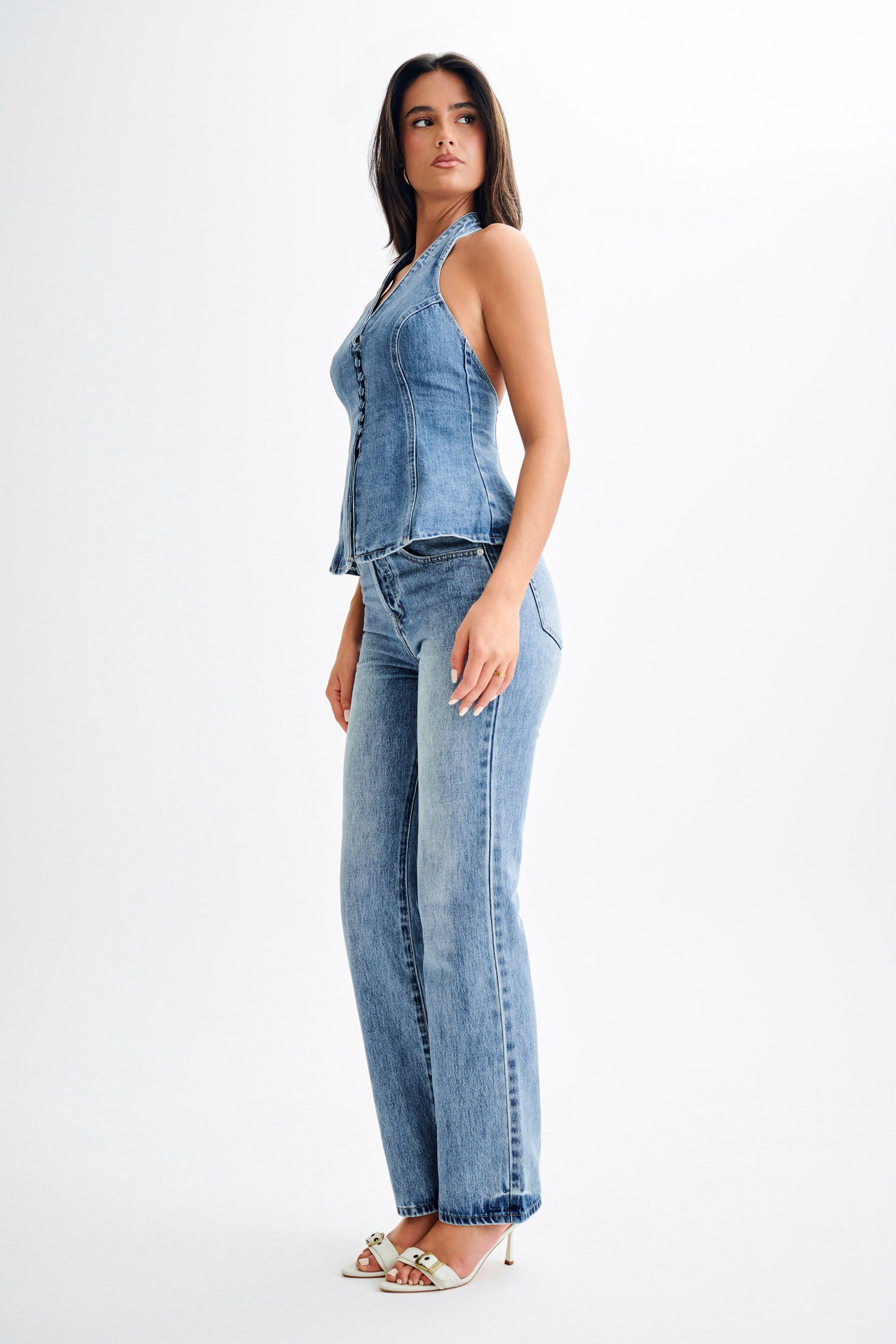 Jean Janine taille haute, jambes droites - Bleu moyen délavé