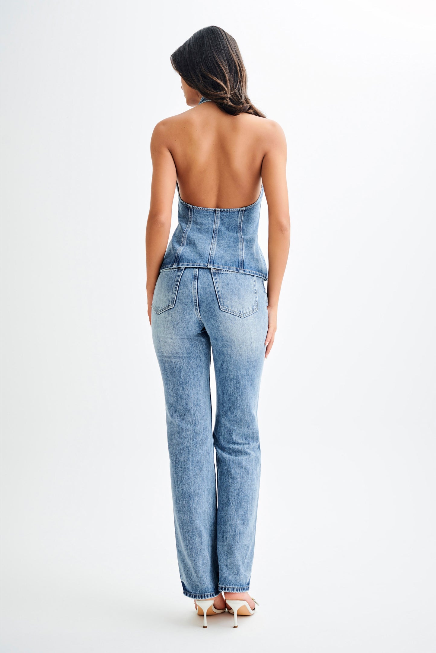 Jean Janine taille haute, jambes droites - Bleu moyen délavé