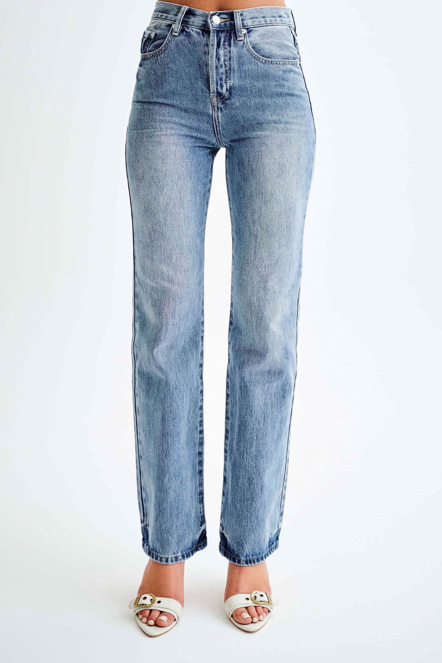 Jean Janine taille haute, jambes droites - Bleu moyen délavé