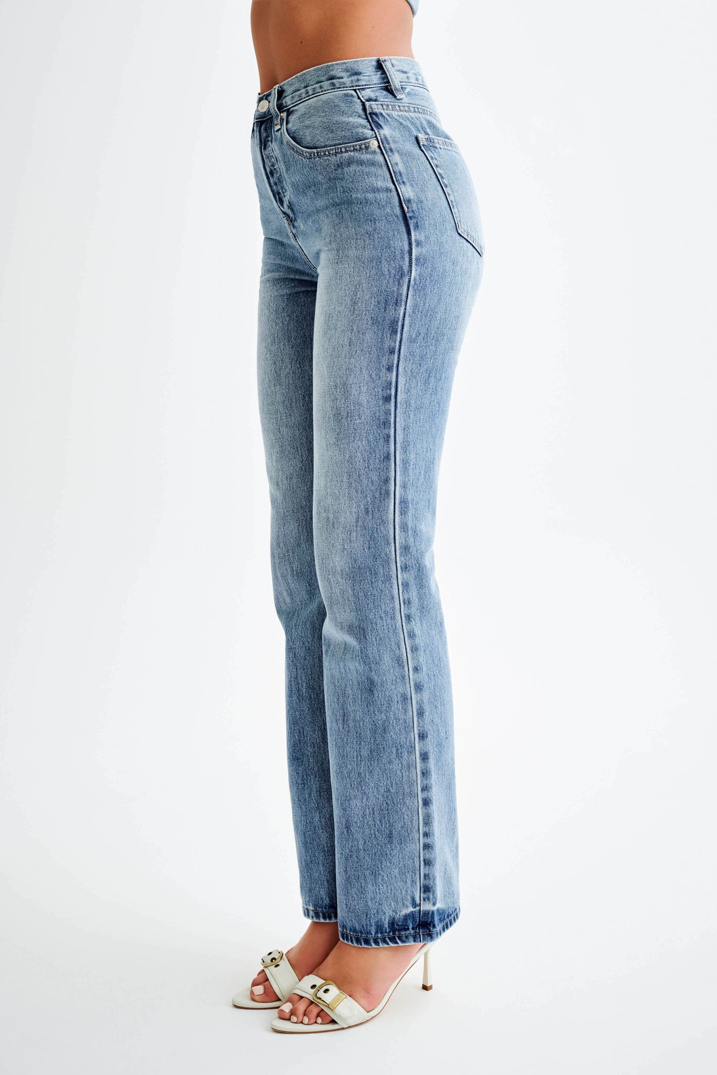 Jean Janine taille haute, jambes droites - Bleu moyen délavé