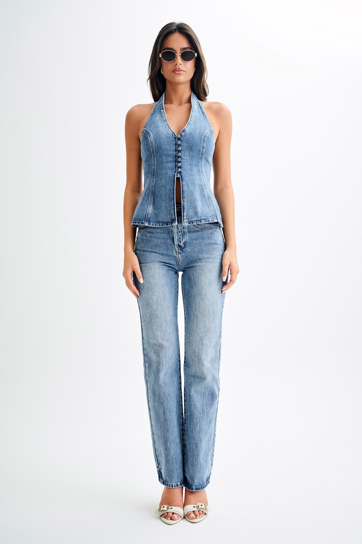 Jean Janine taille haute, jambes droites - Bleu moyen délavé