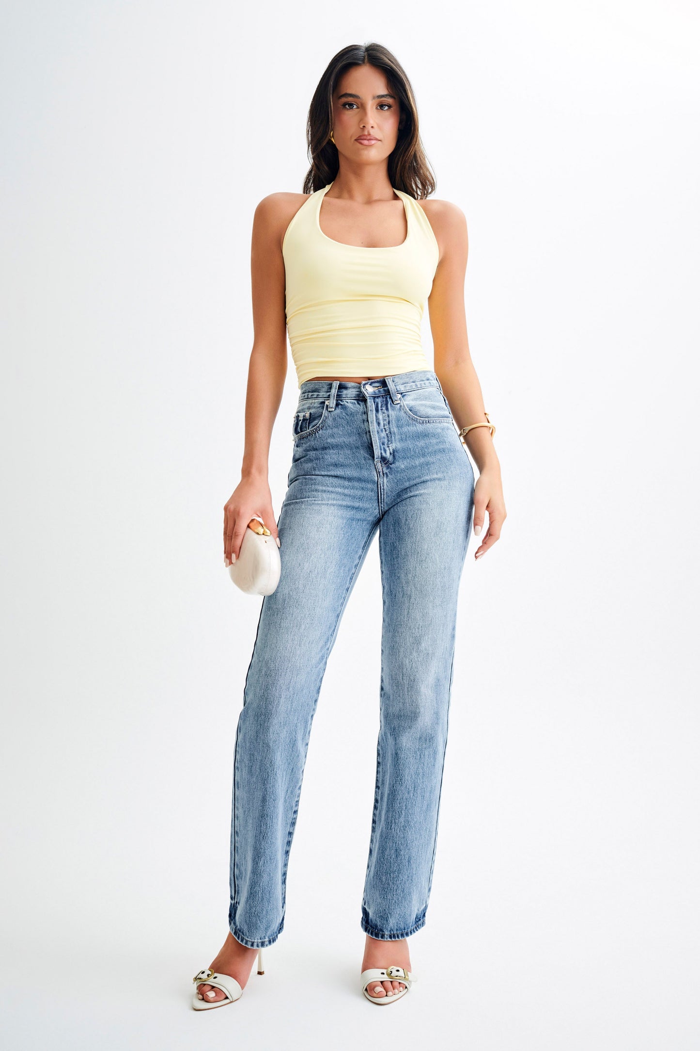 Jean Janine taille haute, jambes droites - Bleu moyen délavé