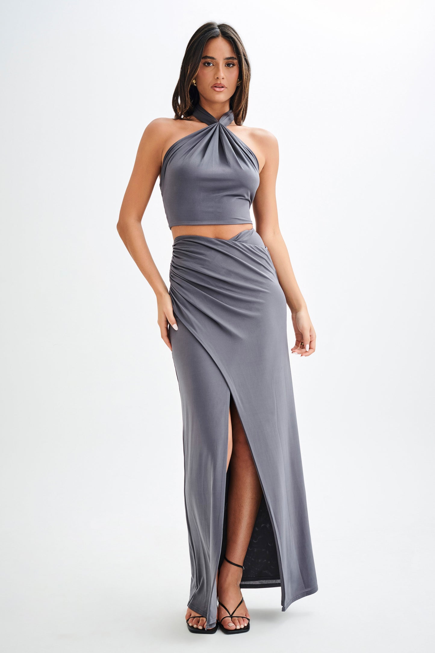 Jupe Maxi Bronwyn Slinky à Plis et Fente - Anthracite