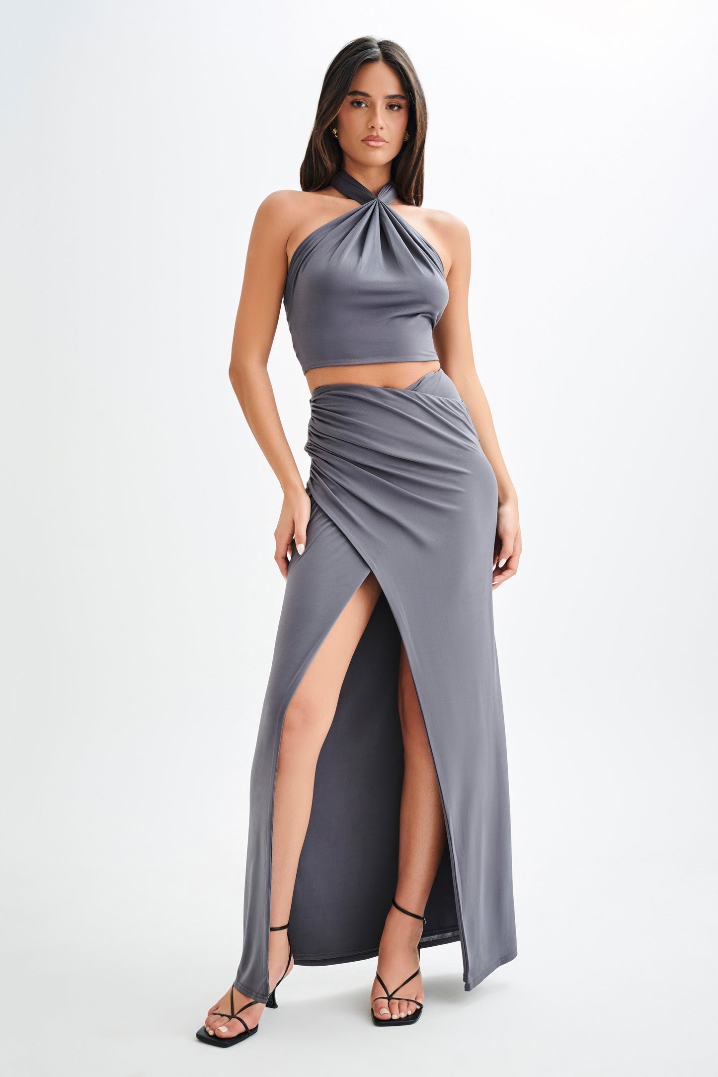 Jupe Maxi Bronwyn Slinky à Plis et Fente - Anthracite