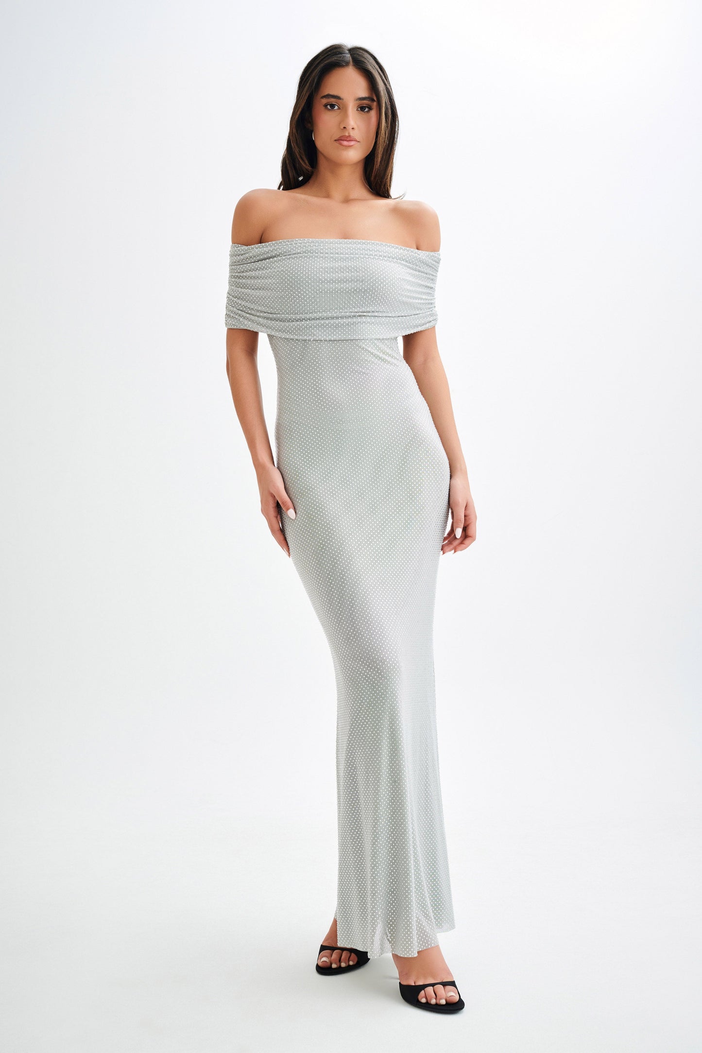 Robe Maxi Diamantée Arna à Manches Décolletées - Argent
