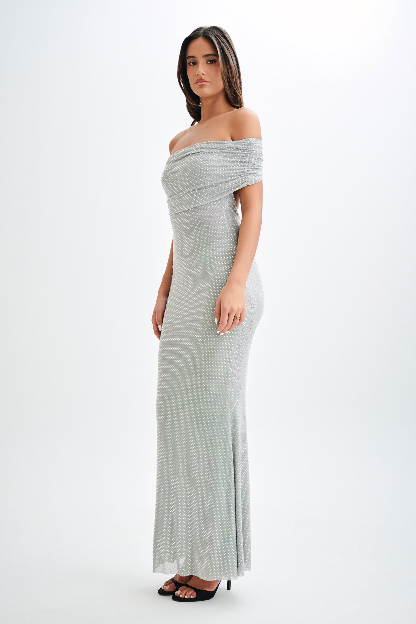 Robe Maxi Diamantée Arna à Manches Décolletées - Argent