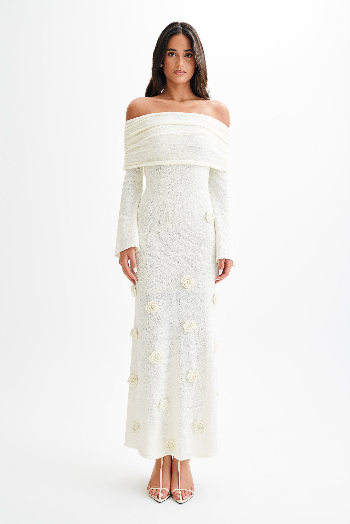 Robe maxi en tricot rose à épaules dénudées Kiki - Ivoire