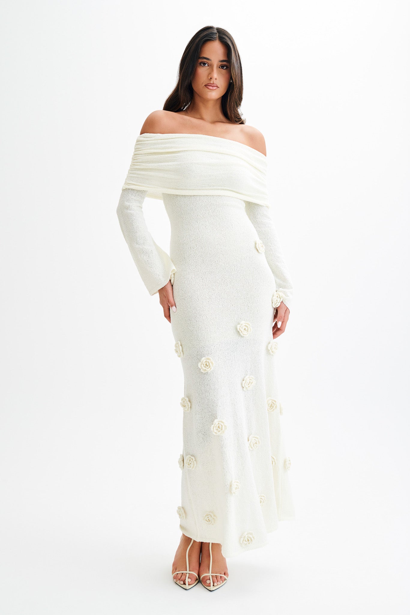 Robe maxi en tricot rose à épaules dénudées Kiki - Ivoire