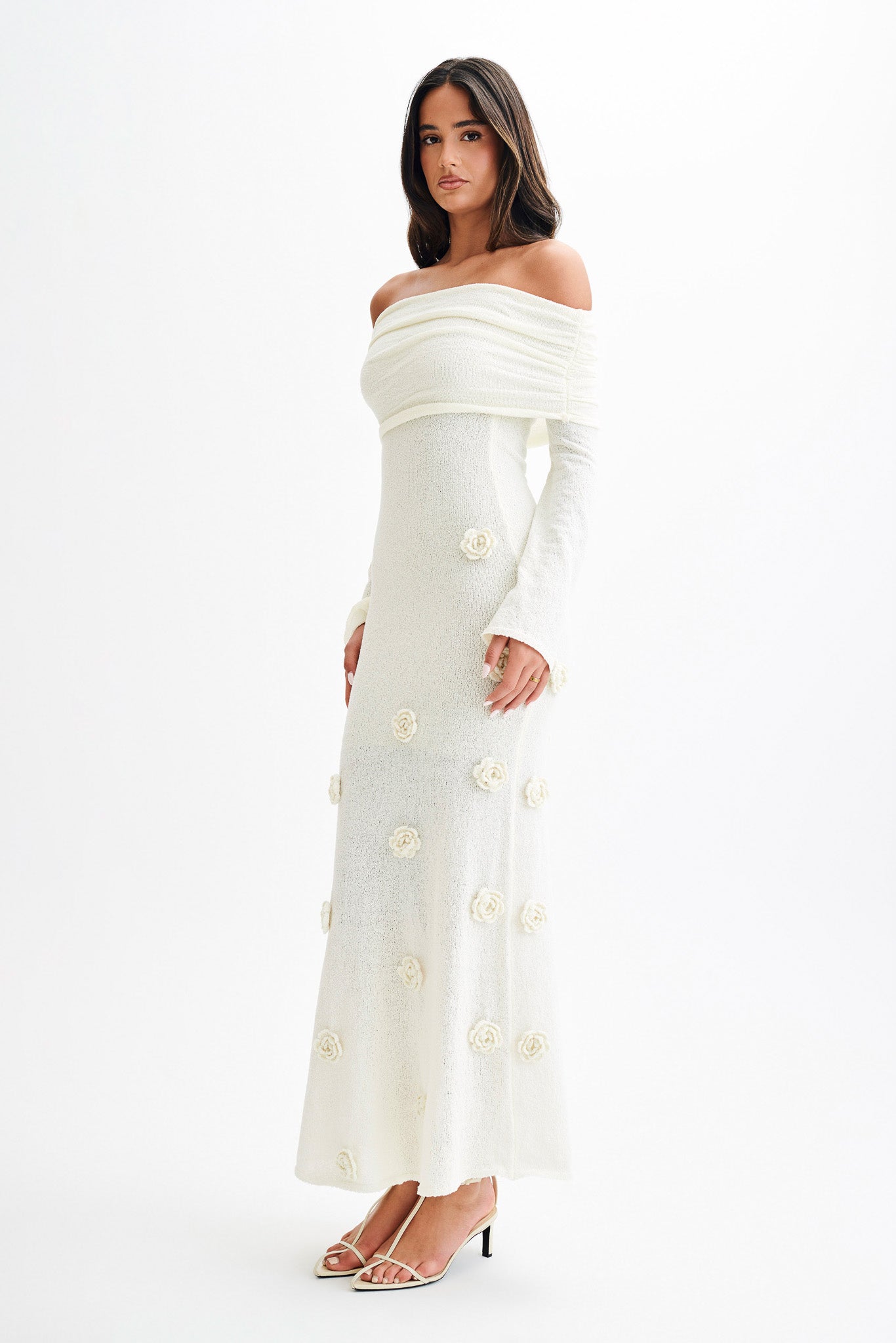 Robe maxi en tricot rose à épaules dénudées Kiki - Ivoire