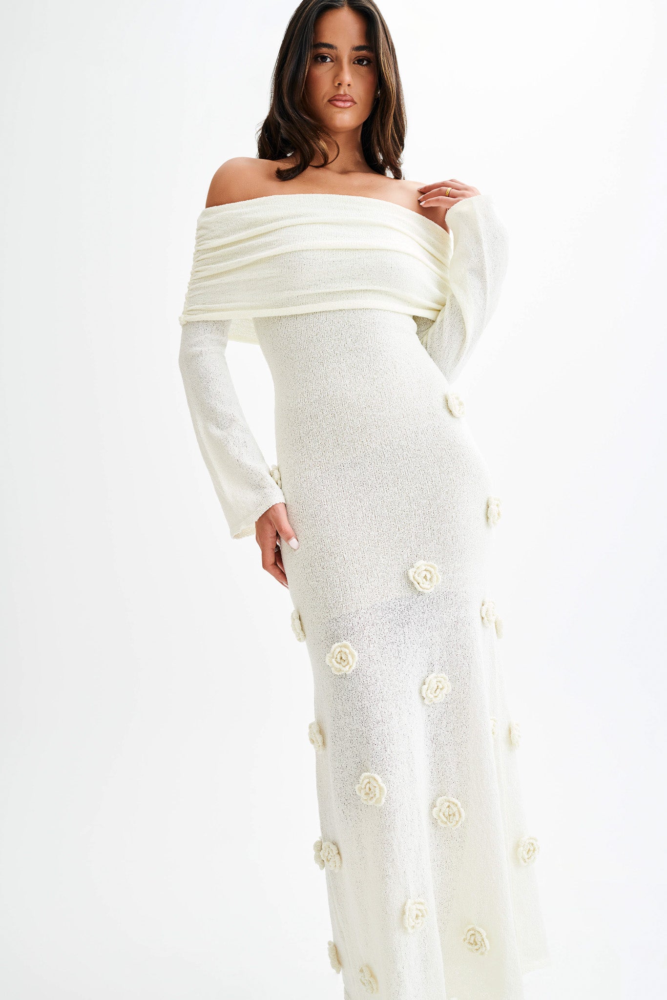 Robe maxi en tricot rose à épaules dénudées Kiki - Ivoire
