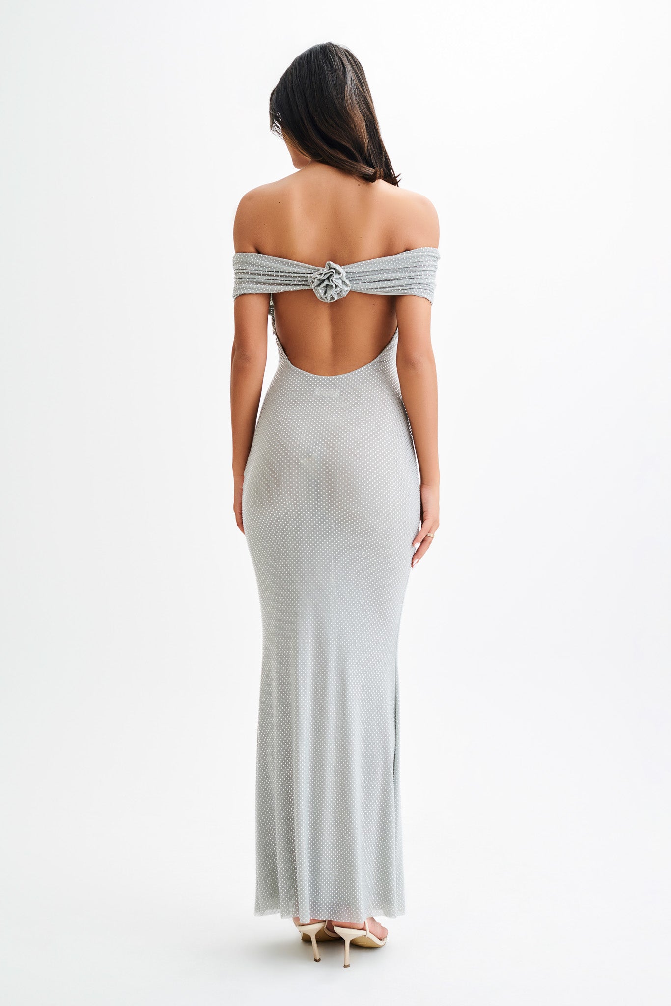 Robe Maxi Diamantée Arna à Manches Décolletées - Argent
