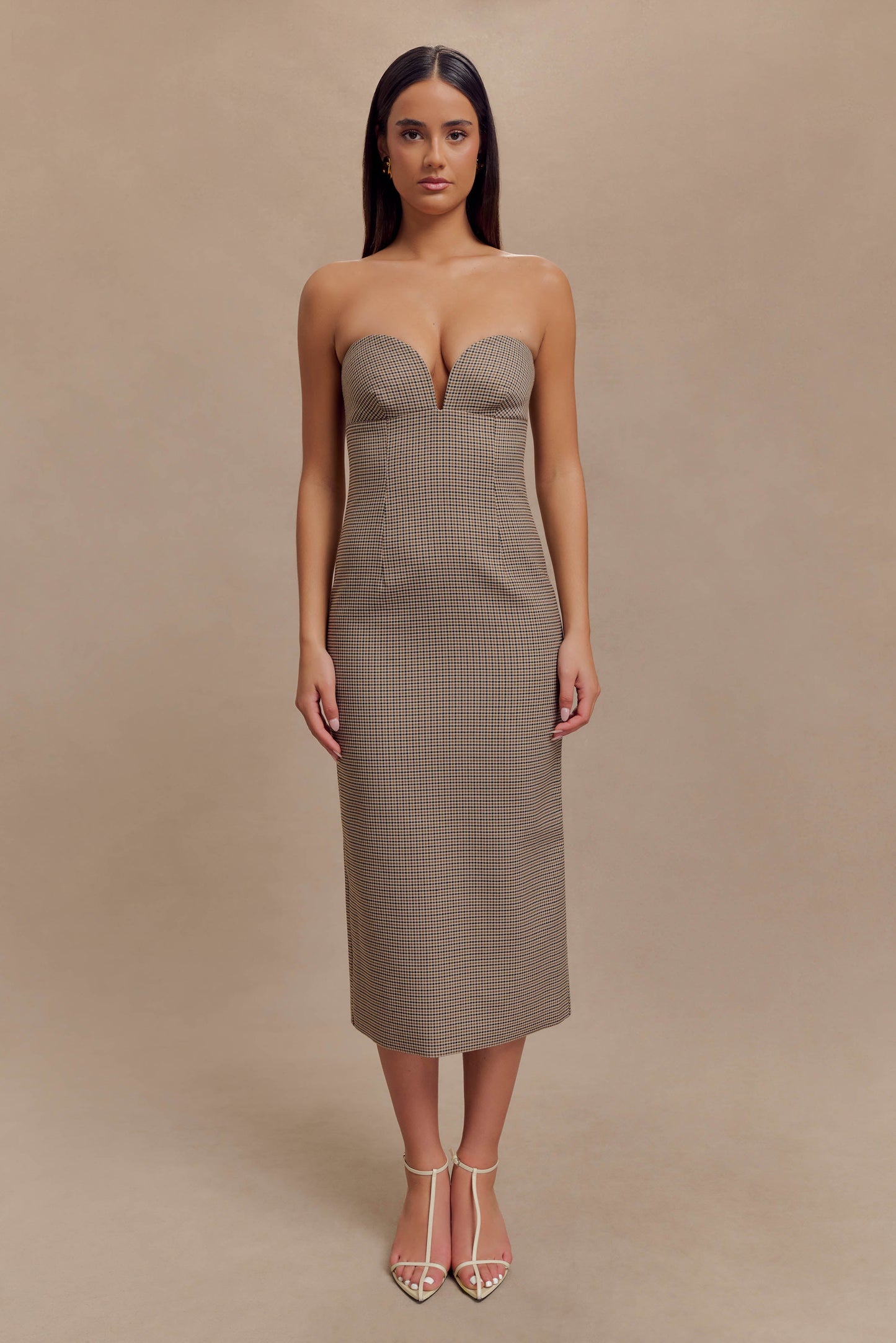 Robe midi sans bretelles Christie - Écossais beige