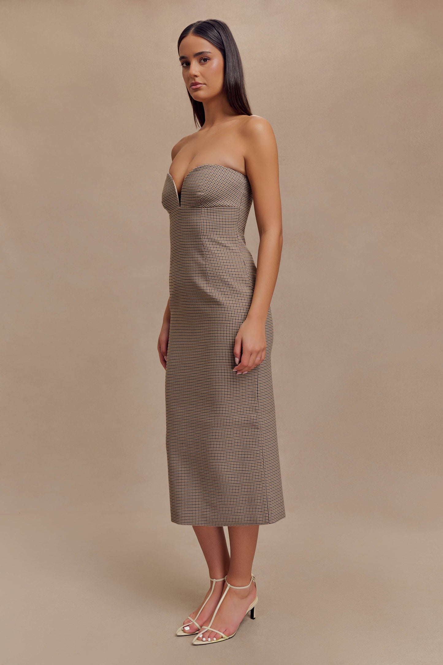 Robe midi sans bretelles Christie - Écossais beige