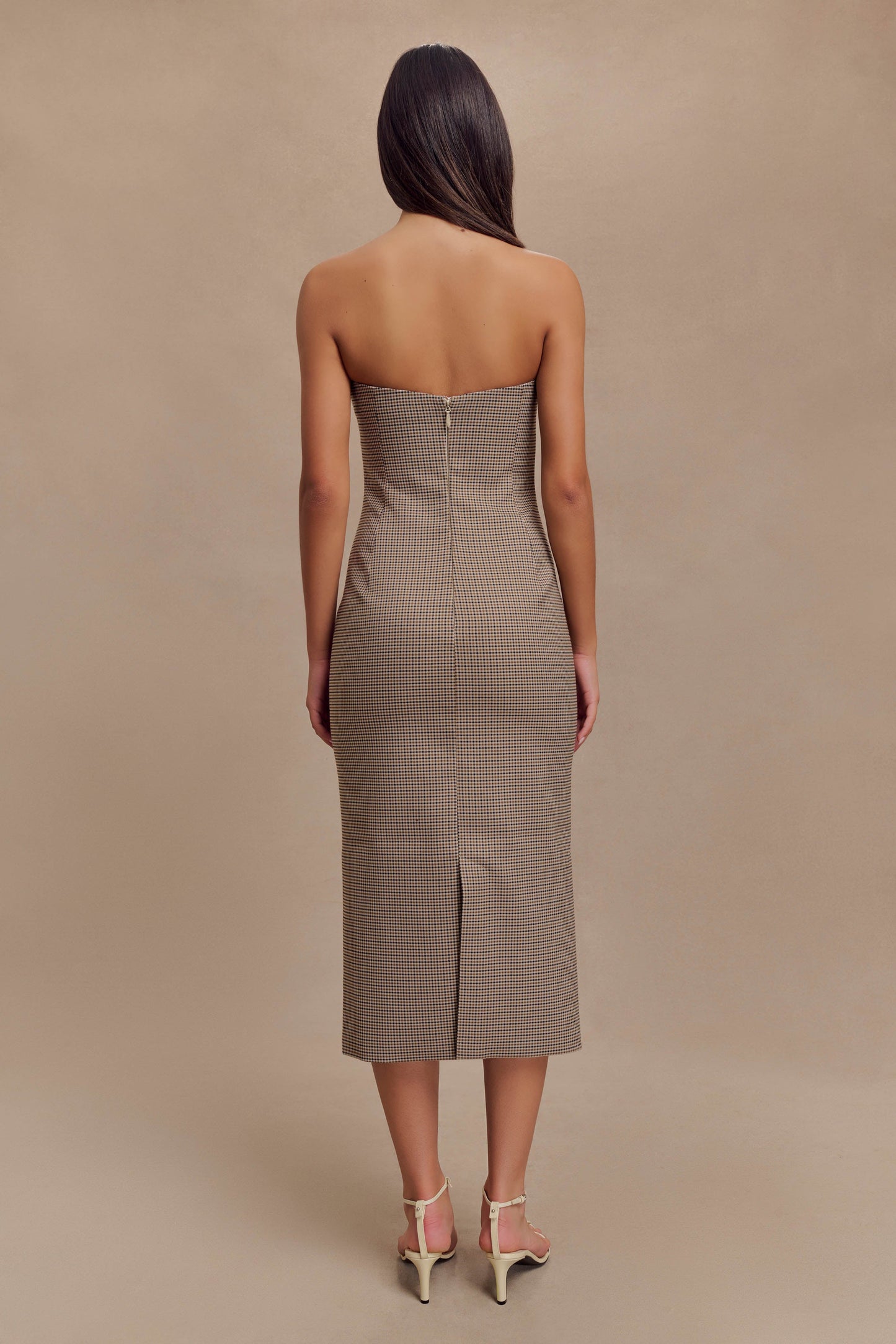 Robe midi sans bretelles Christie - Écossais beige