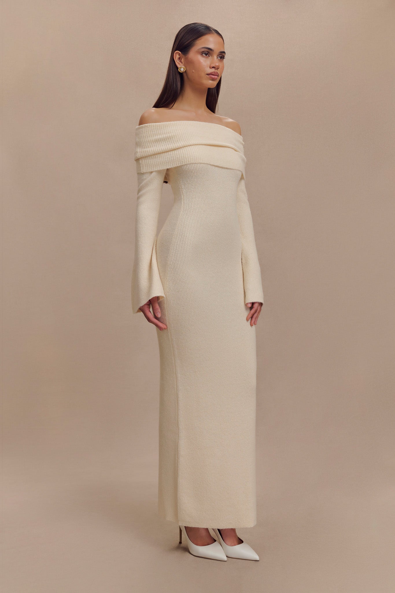 Robe Maxi Tricotée à Manches Décolletées Katherine - Ivoire