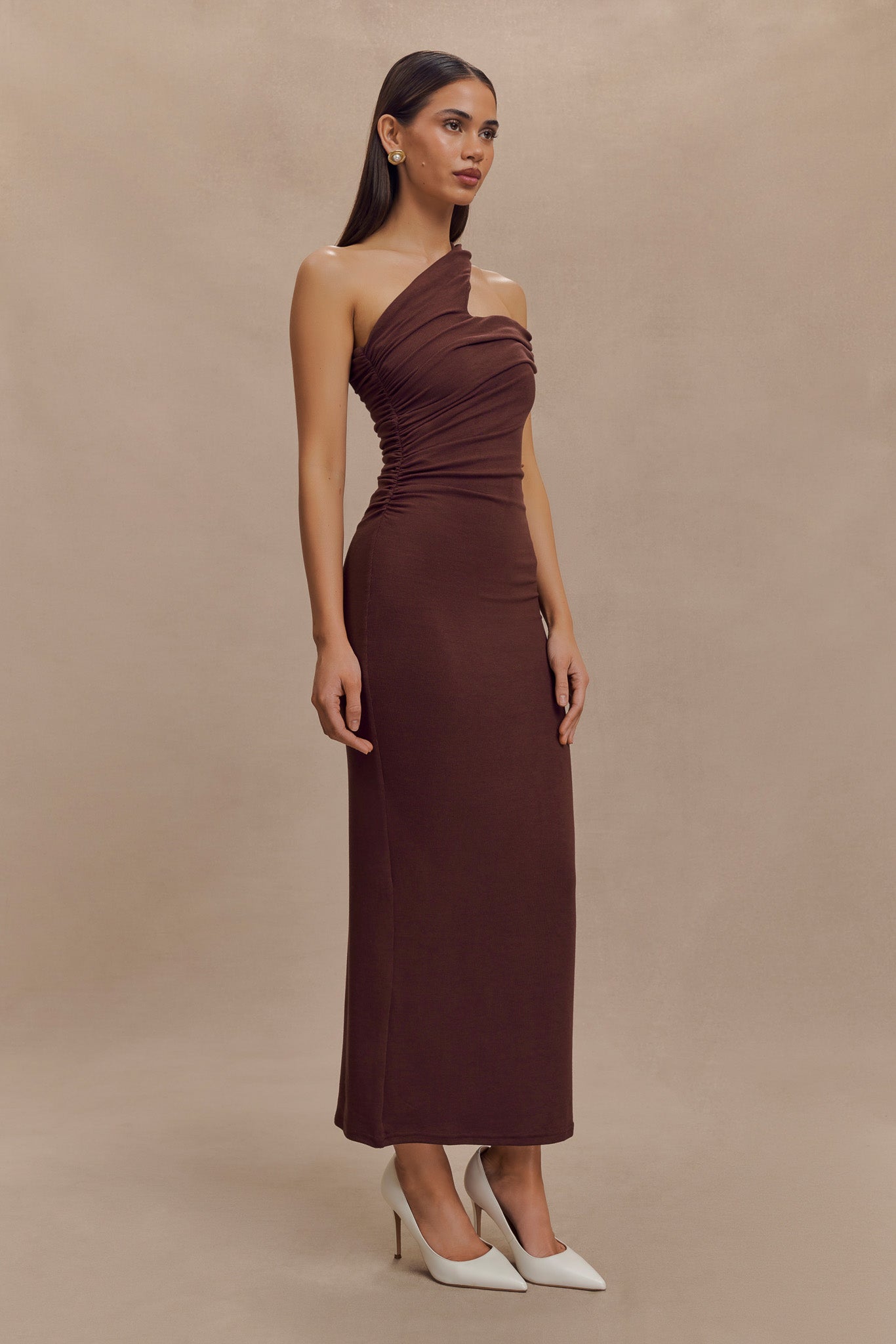 Robe midi en modal à une épaule Anastasia - Brun-rouge