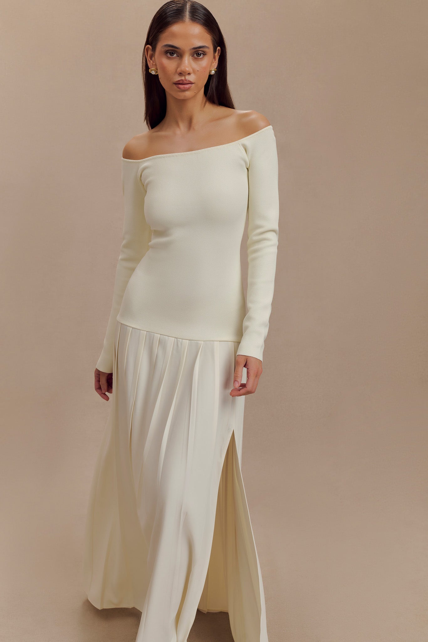 Robe maxi en tricot Presley à épaules dénudées - Ivoire