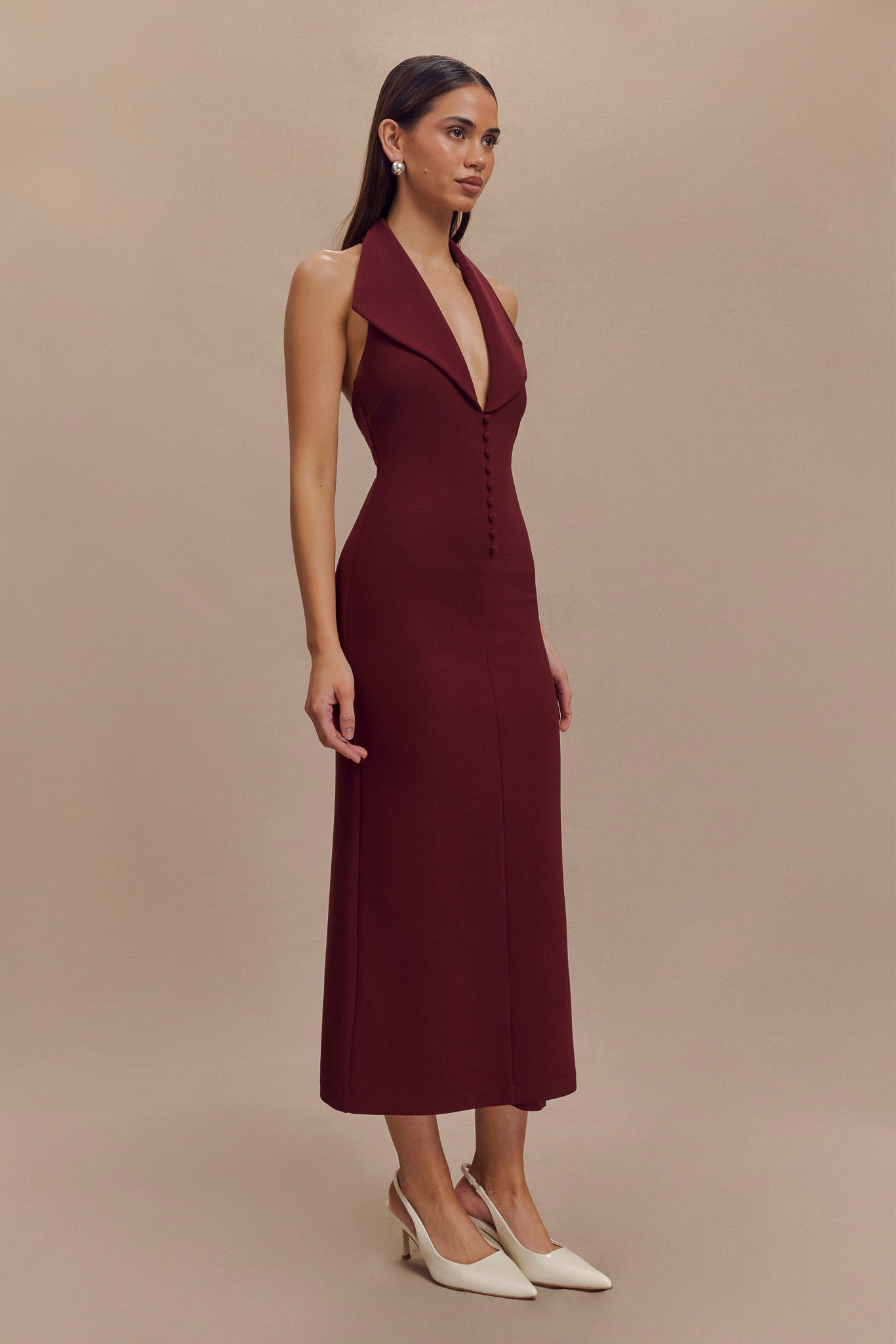 Robe midi en crêpe à col halter Annita - Merlot