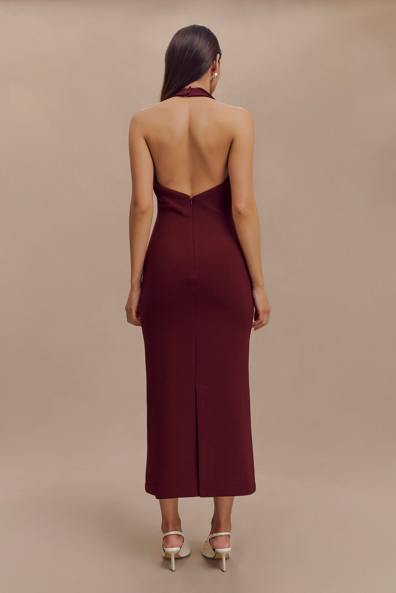 Robe midi en crêpe à col halter Annita - Merlot