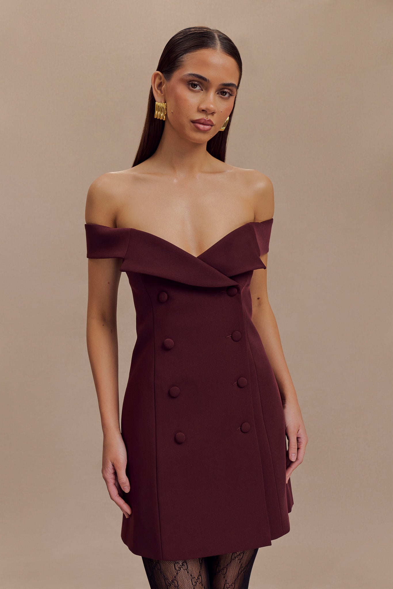 Mini-robe tailleur à épaules dénudées Noelle - Brun-rouge
