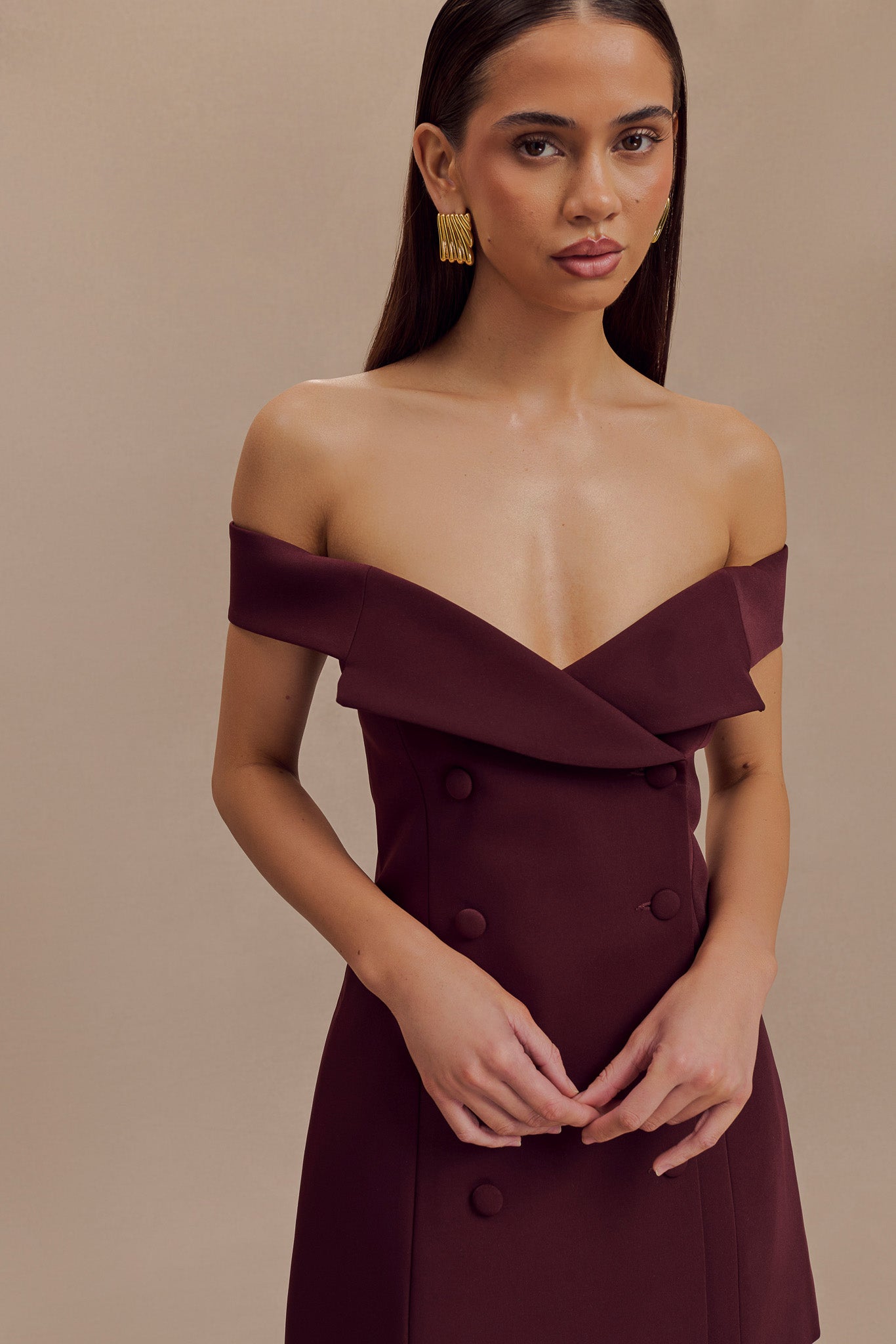 Mini-robe tailleur à épaules dénudées Noelle - Brun-rouge
