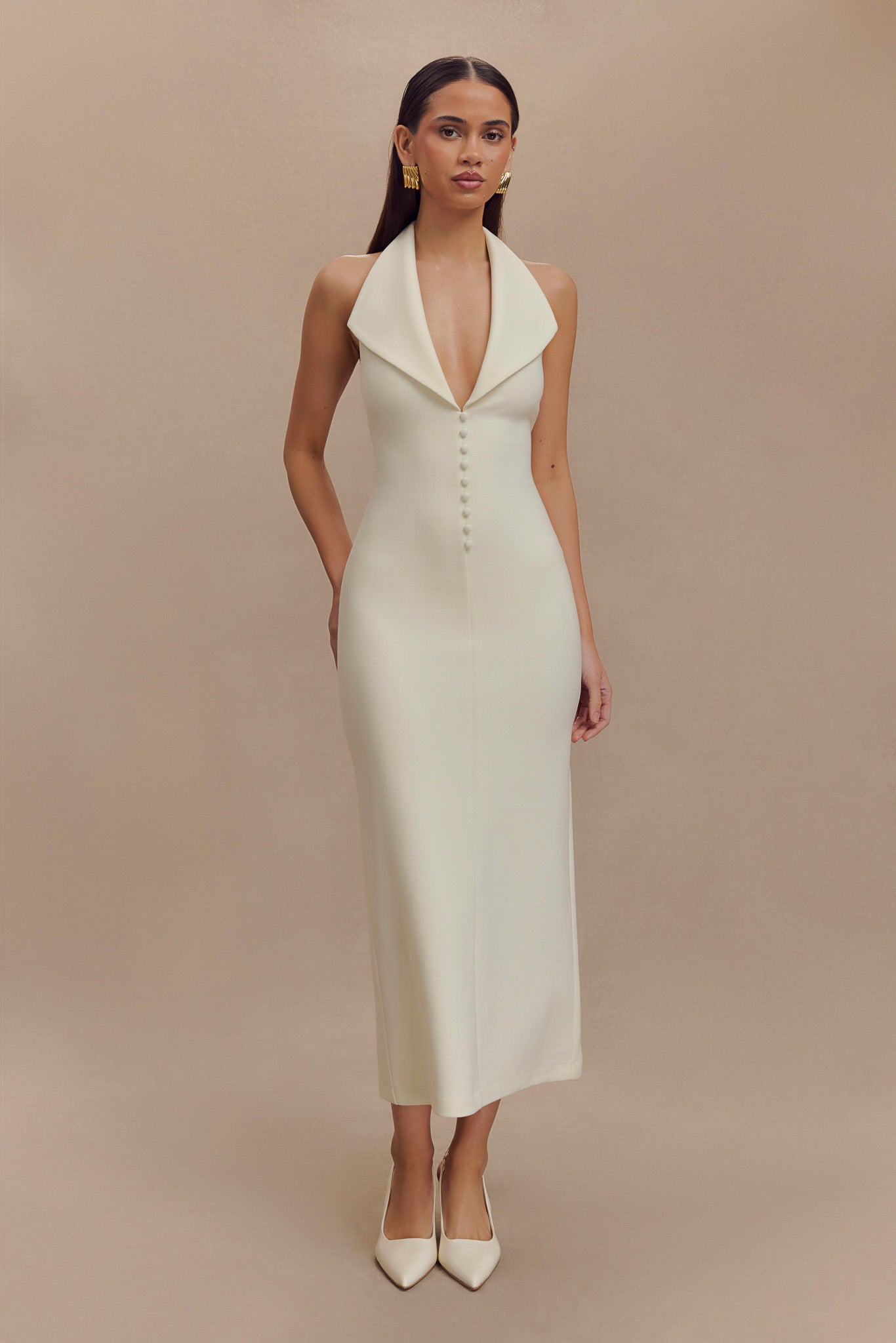 Robe midi en crêpe à col halter Annita - Ivoire