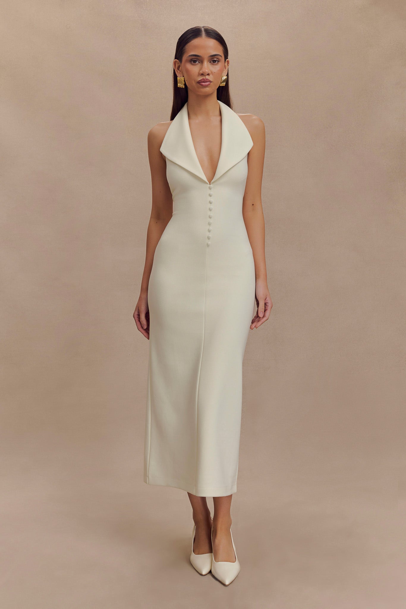 Robe midi en crêpe à col halter Annita - Ivoire