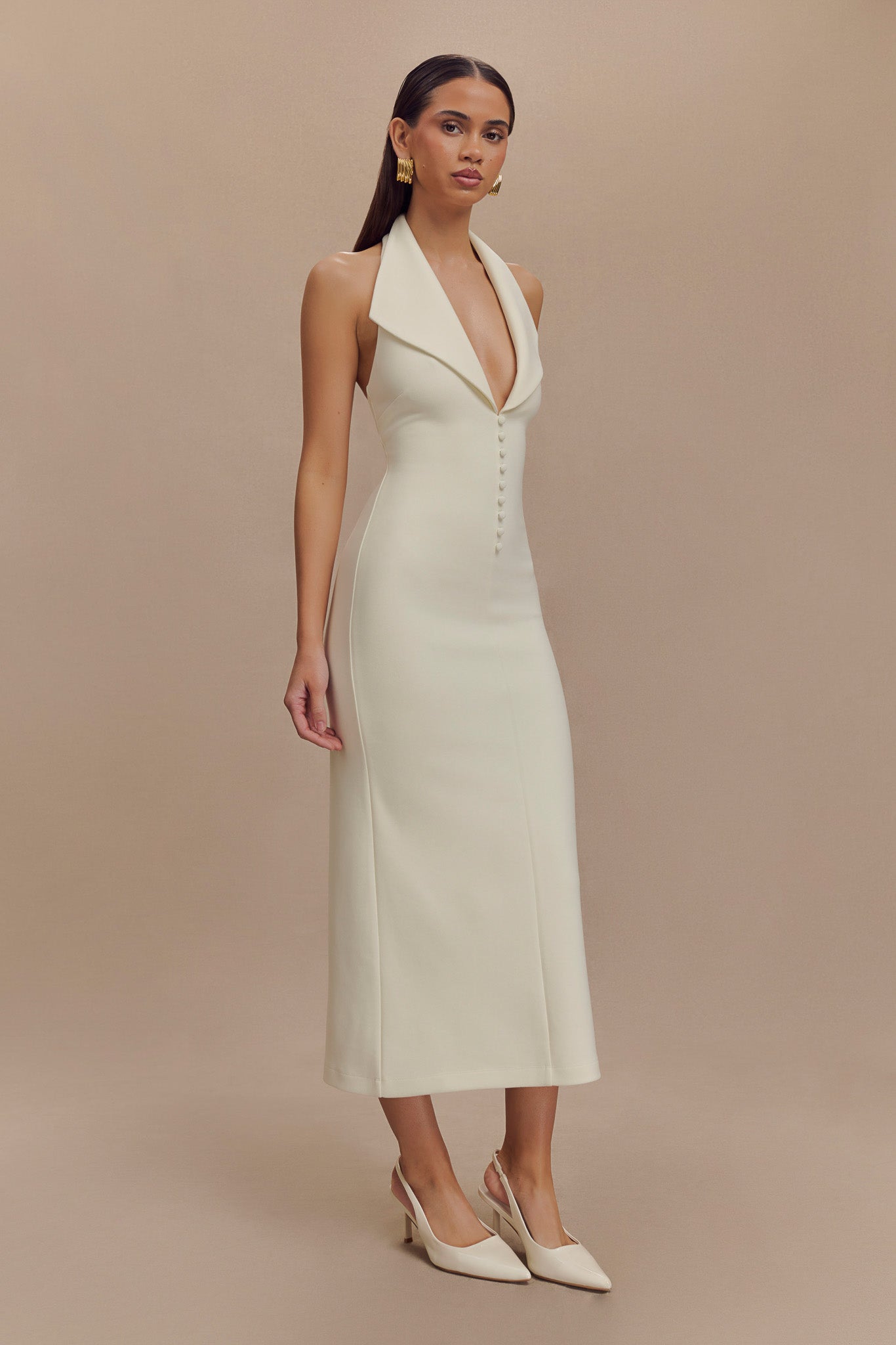 Robe midi en crêpe à col halter Annita - Ivoire