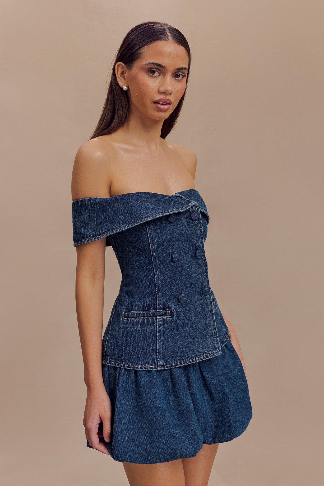 Top en jean à épaules dénudées Krista - Bleu foncé