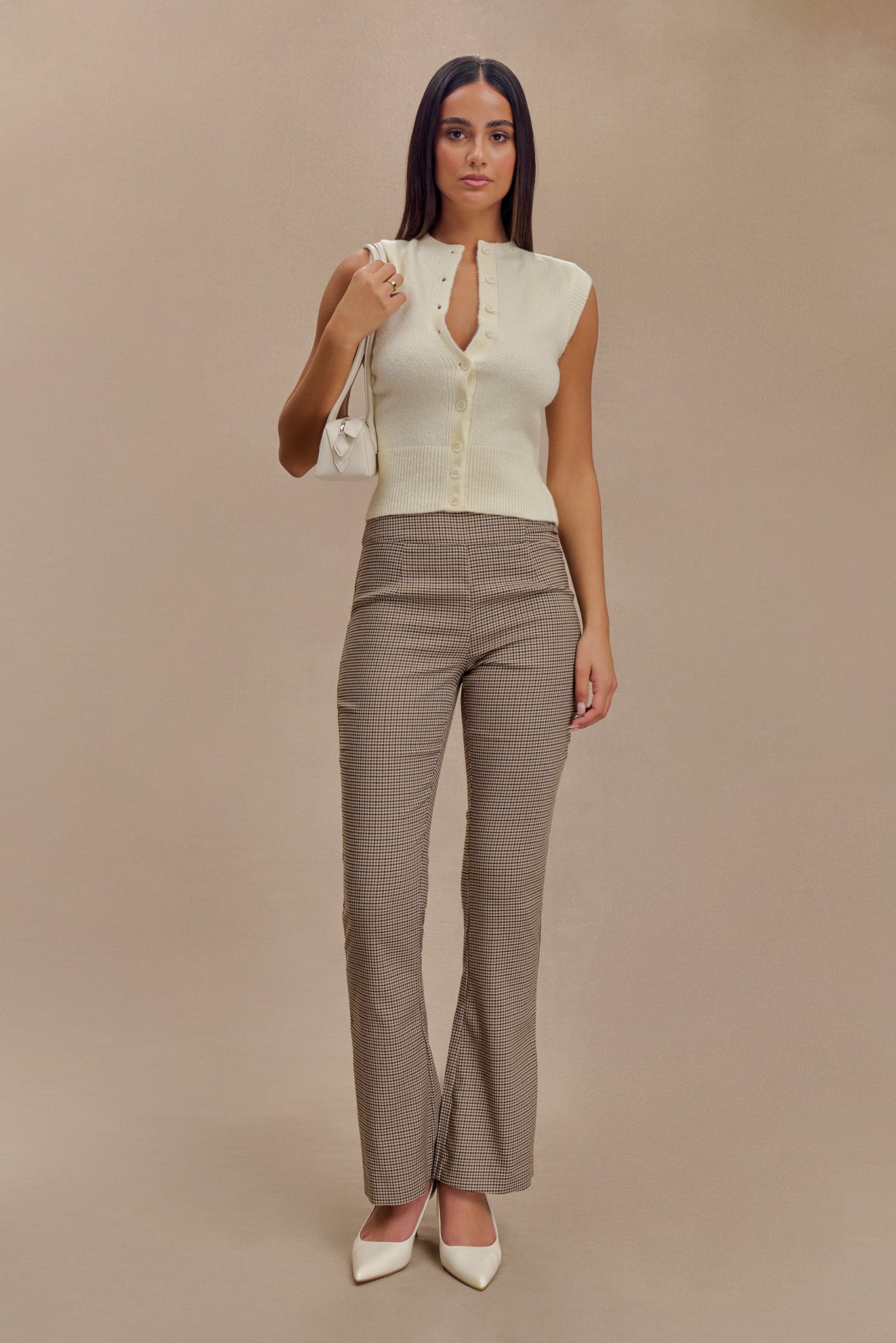 Pantalon droit à taille mi-hauteur avec boucle et imprimé à carreaux beige - Sweeney
