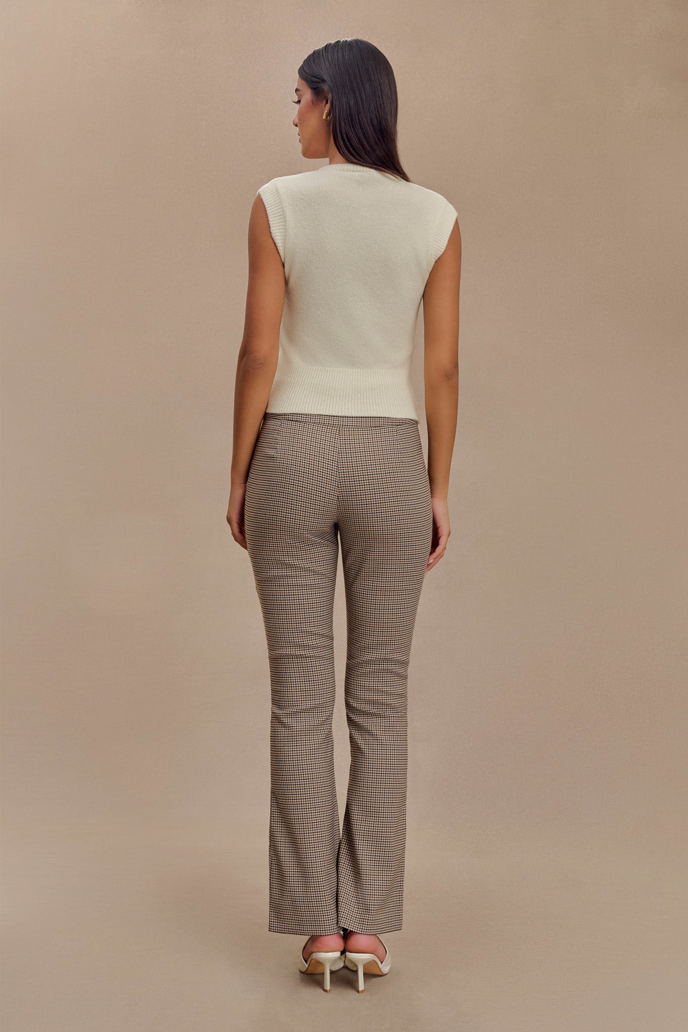 Pantalon droit à taille mi-hauteur avec boucle et imprimé à carreaux beige - Sweeney