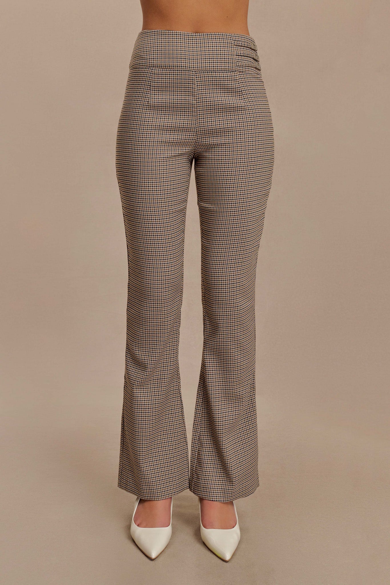 Pantalon droit à taille mi-hauteur avec boucle et imprimé à carreaux beige - Sweeney