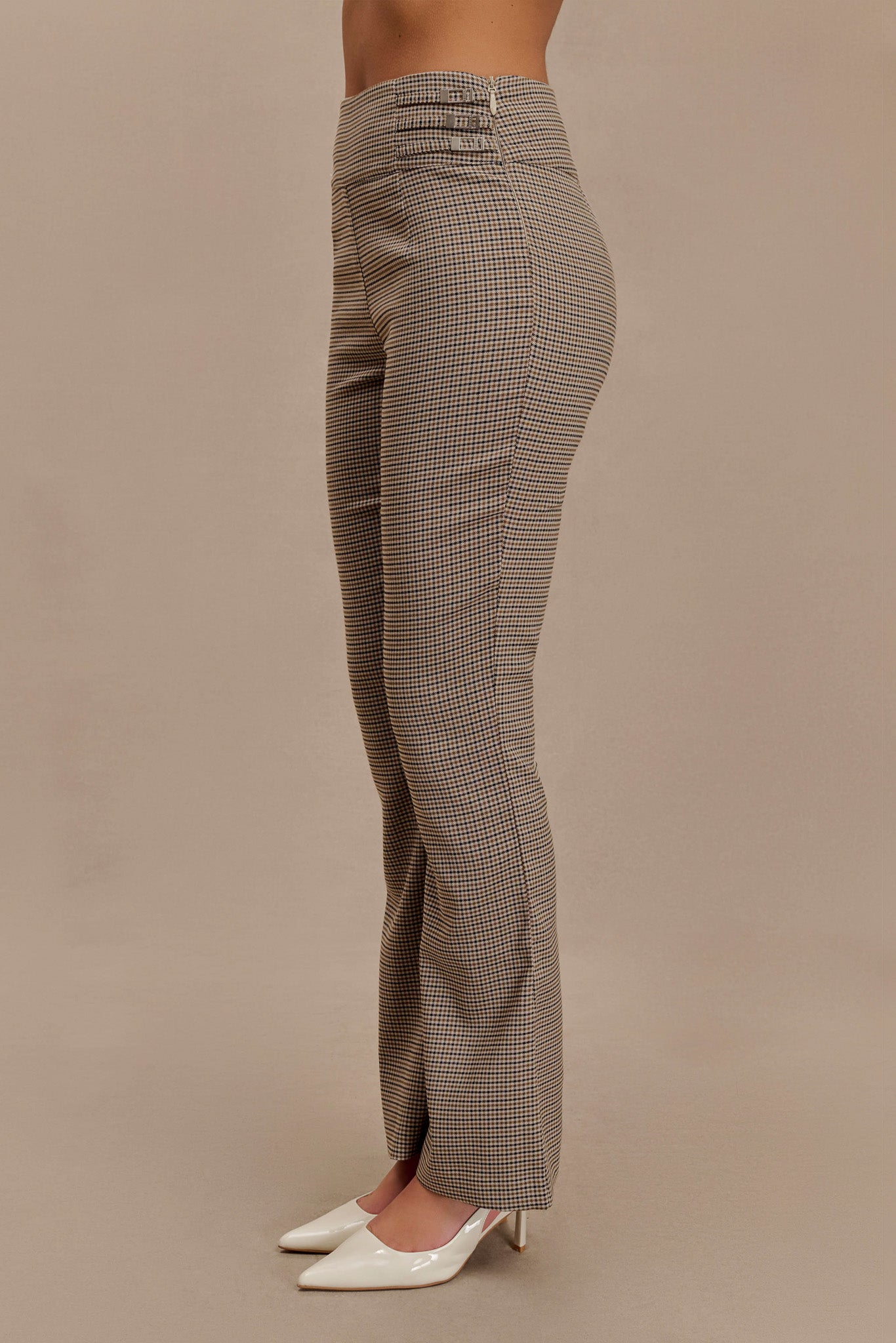 Pantalon droit à taille mi-hauteur avec boucle et imprimé à carreaux beige - Sweeney