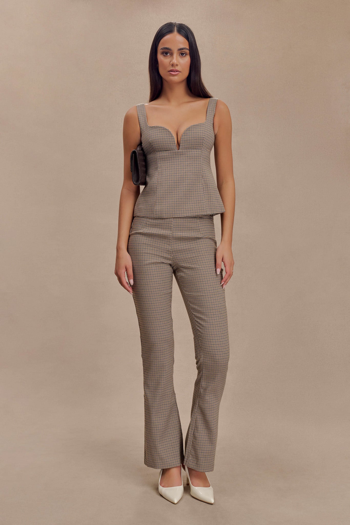 Pantalon droit à taille mi-hauteur avec boucle et imprimé à carreaux beige - Sweeney