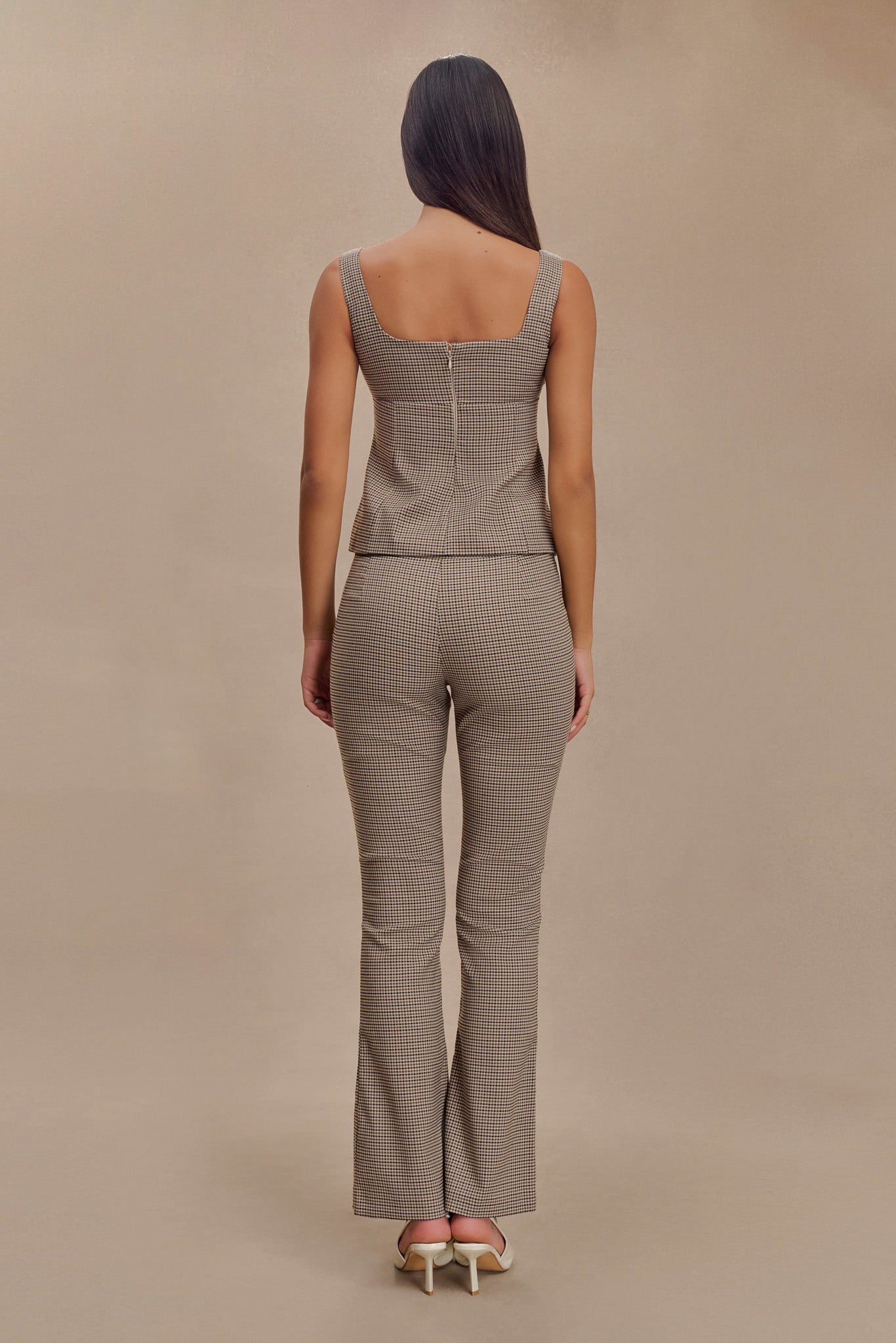 Pantalon droit à taille mi-hauteur avec boucle et imprimé à carreaux beige - Sweeney