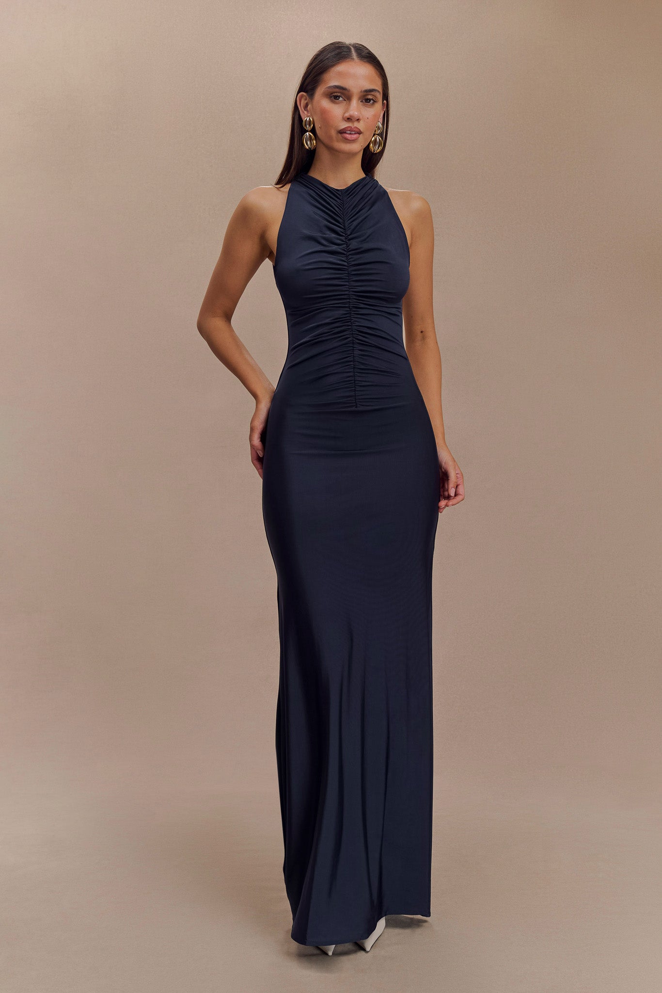 Robe Maxi Halter à Fronces et Décolleté en V - Bleu Marine