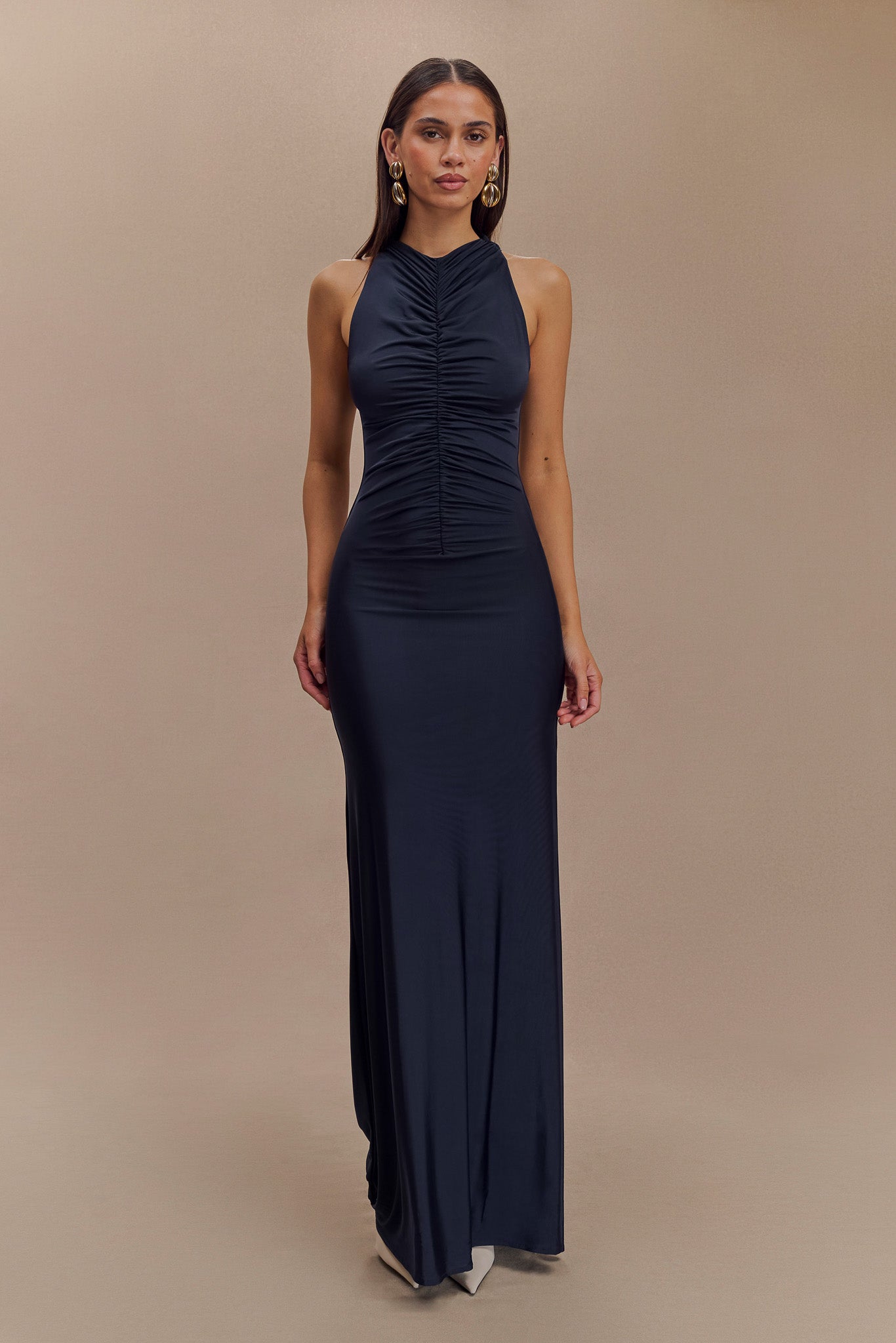 Robe Maxi Halter à Fronces et Décolleté en V - Bleu Marine