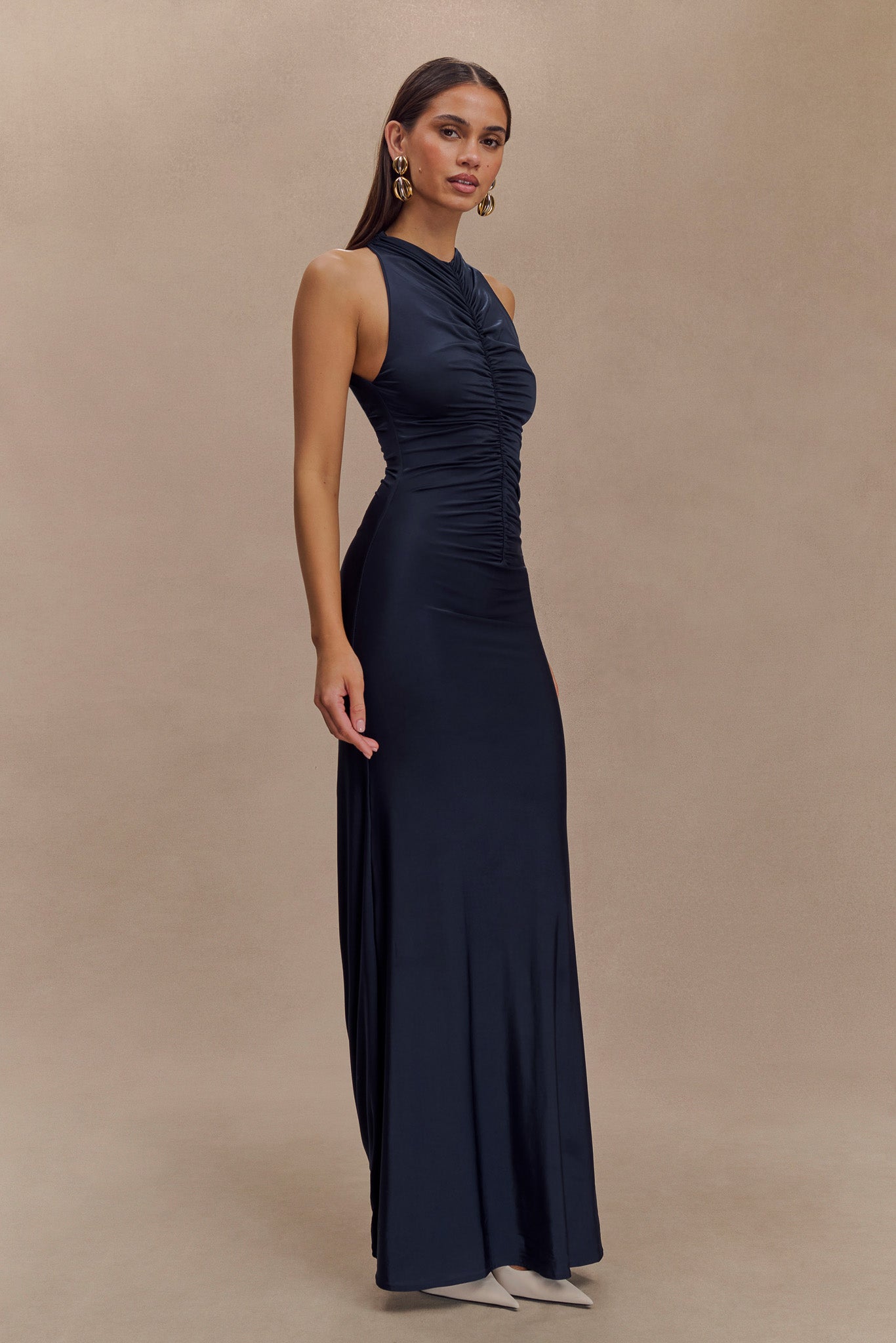 Robe Maxi Halter à Fronces et Décolleté en V - Bleu Marine
