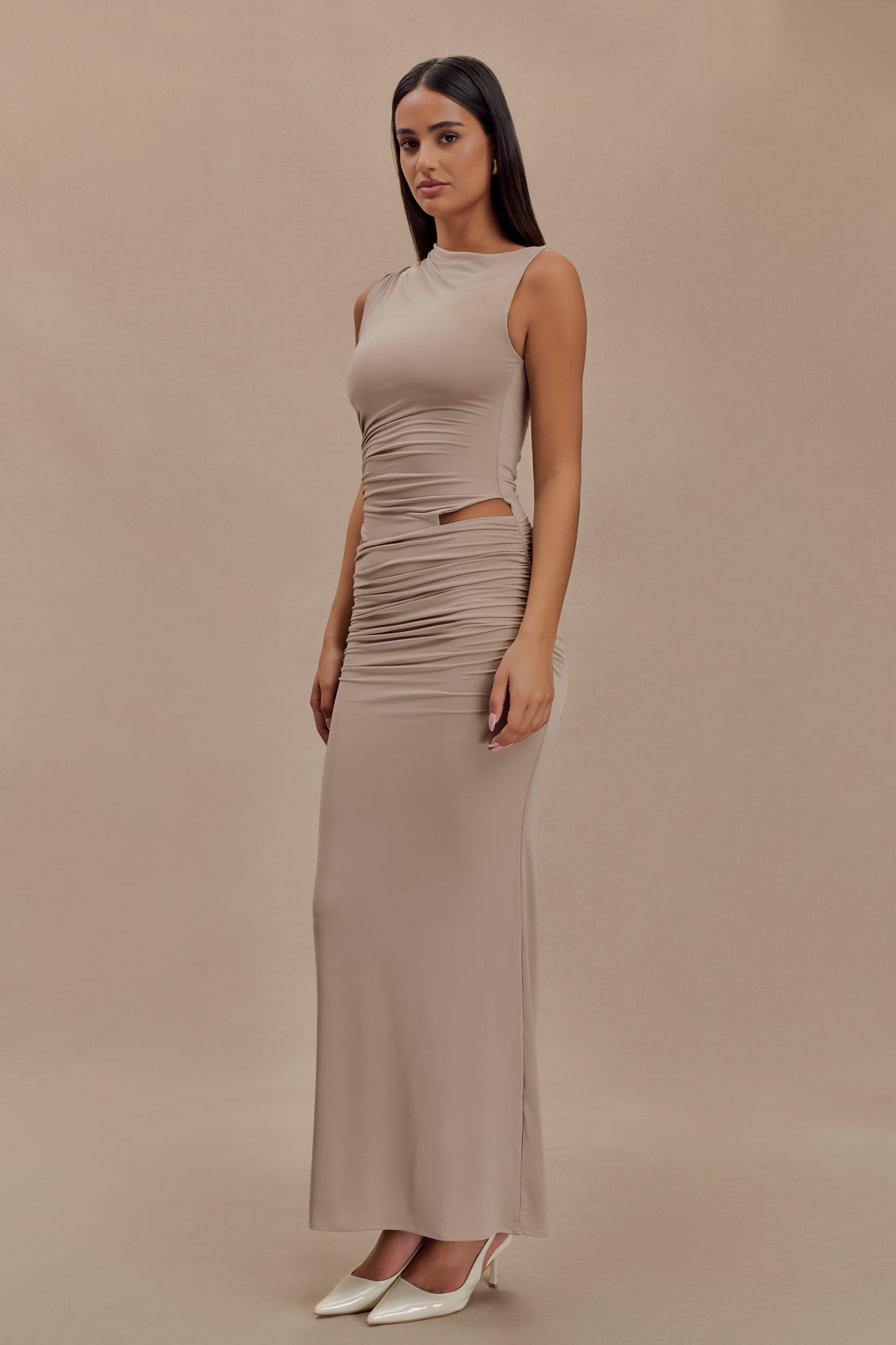 Robe Maxi Kaia à Découpes et Effet Glissant - Taupe