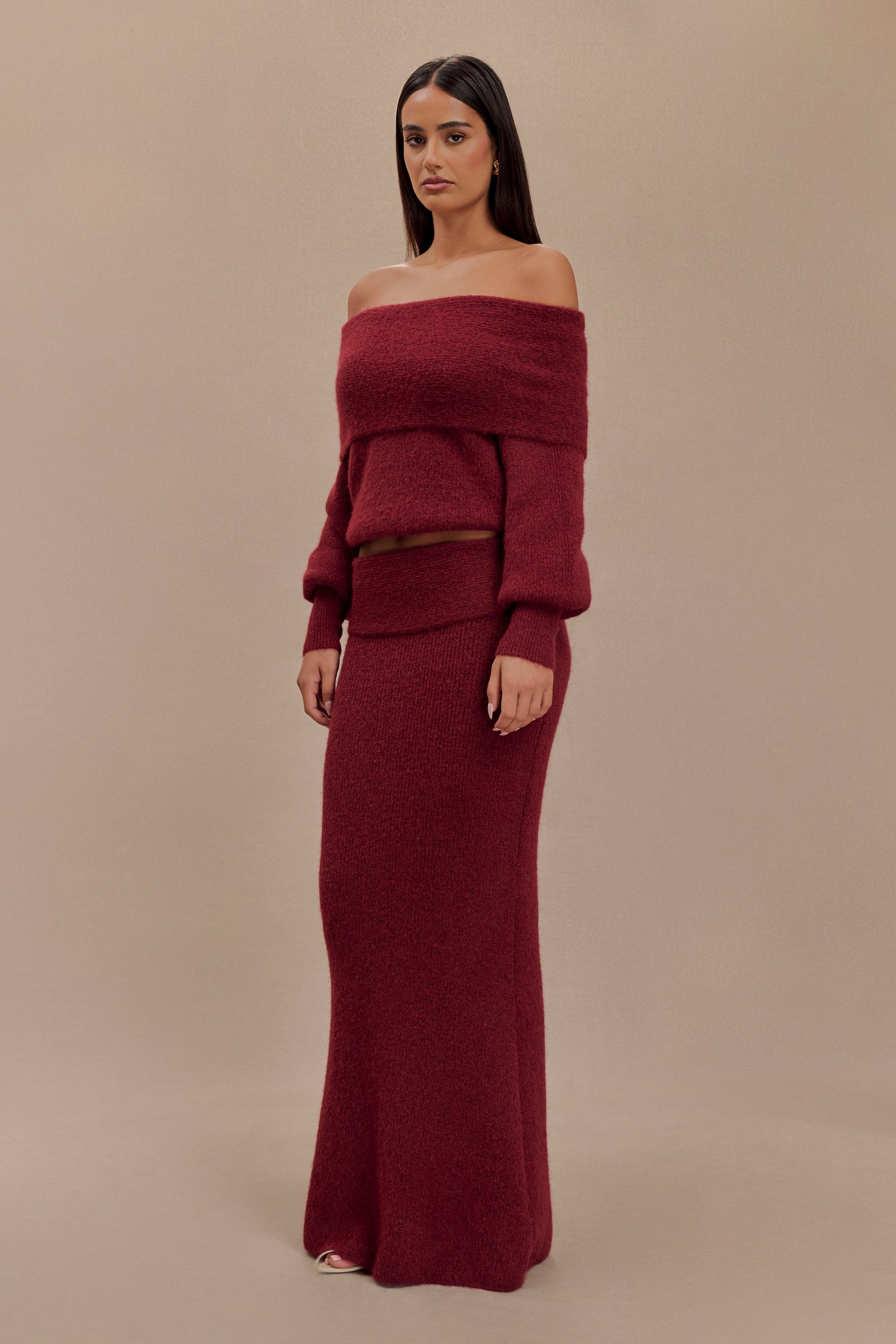 Jupe Maxi Tricotée Charlotte avec Superposition - Merlot