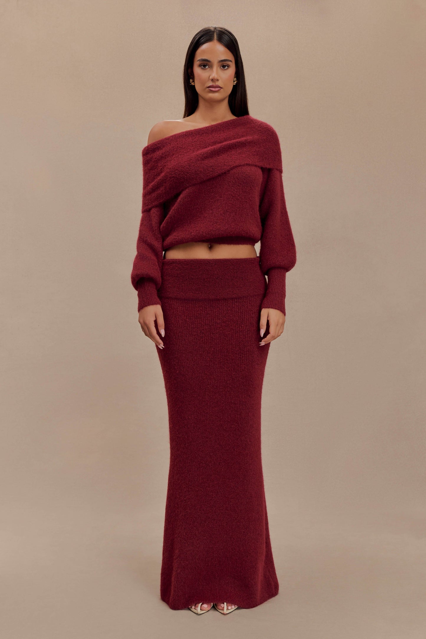 Jupe Maxi Tricotée Charlotte avec Superposition - Merlot