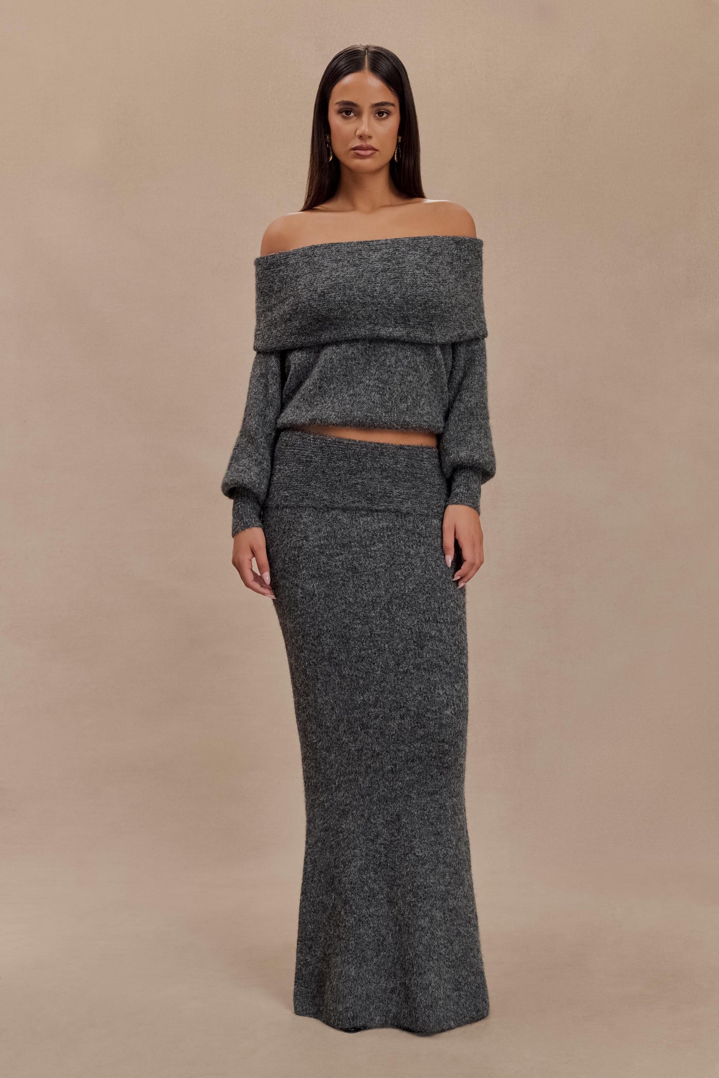 Jupe Maxi Tricotée Charlotte avec Superposition - Gris Anthracite