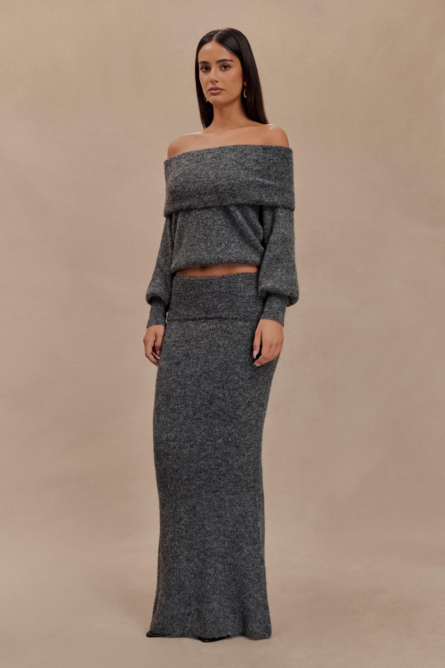 Jupe Maxi Tricotée Charlotte avec Superposition - Gris Anthracite