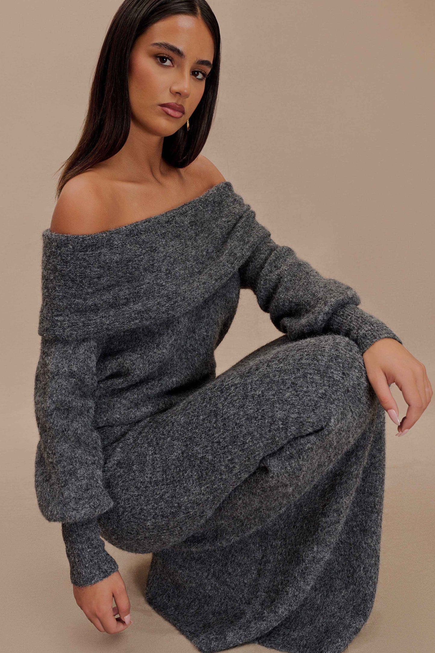 Jupe Maxi Tricotée Charlotte avec Superposition - Gris Anthracite