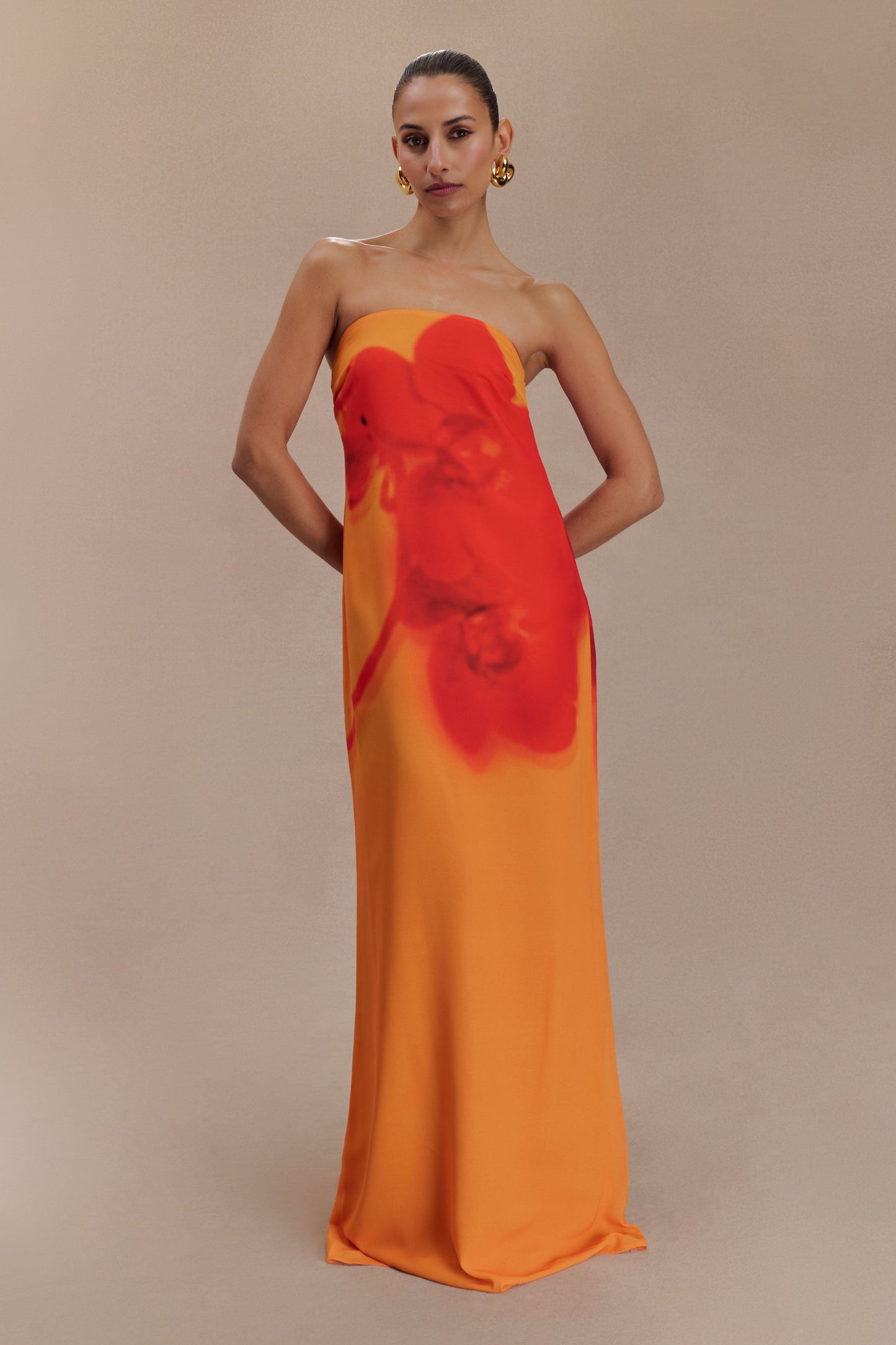 Robe Maxi en Chiffon sans Bretelles Amaya - Imprimé Orchidée Koi