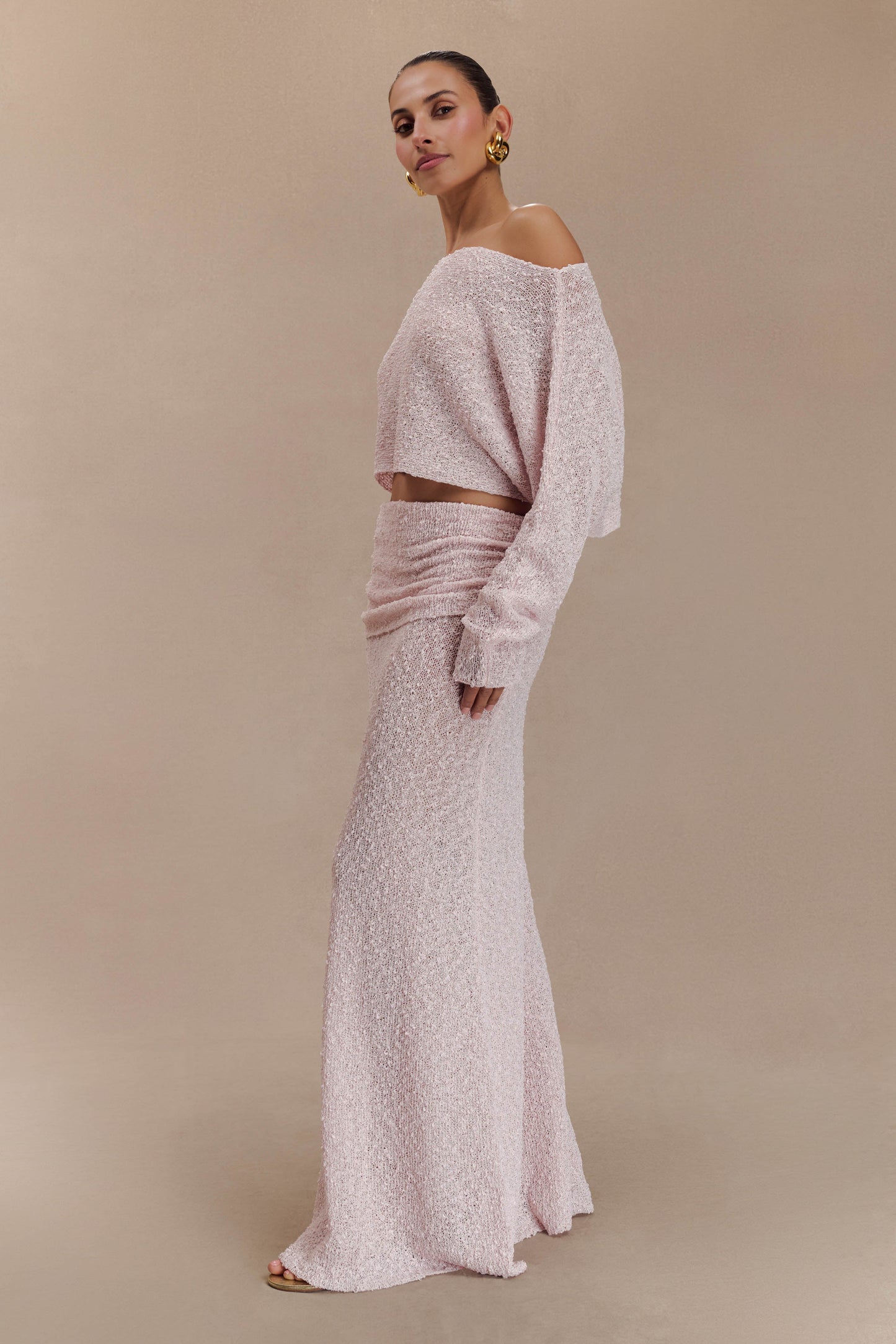 Jupe Maxi Tricoté à Volants Petra - Rose Poudré