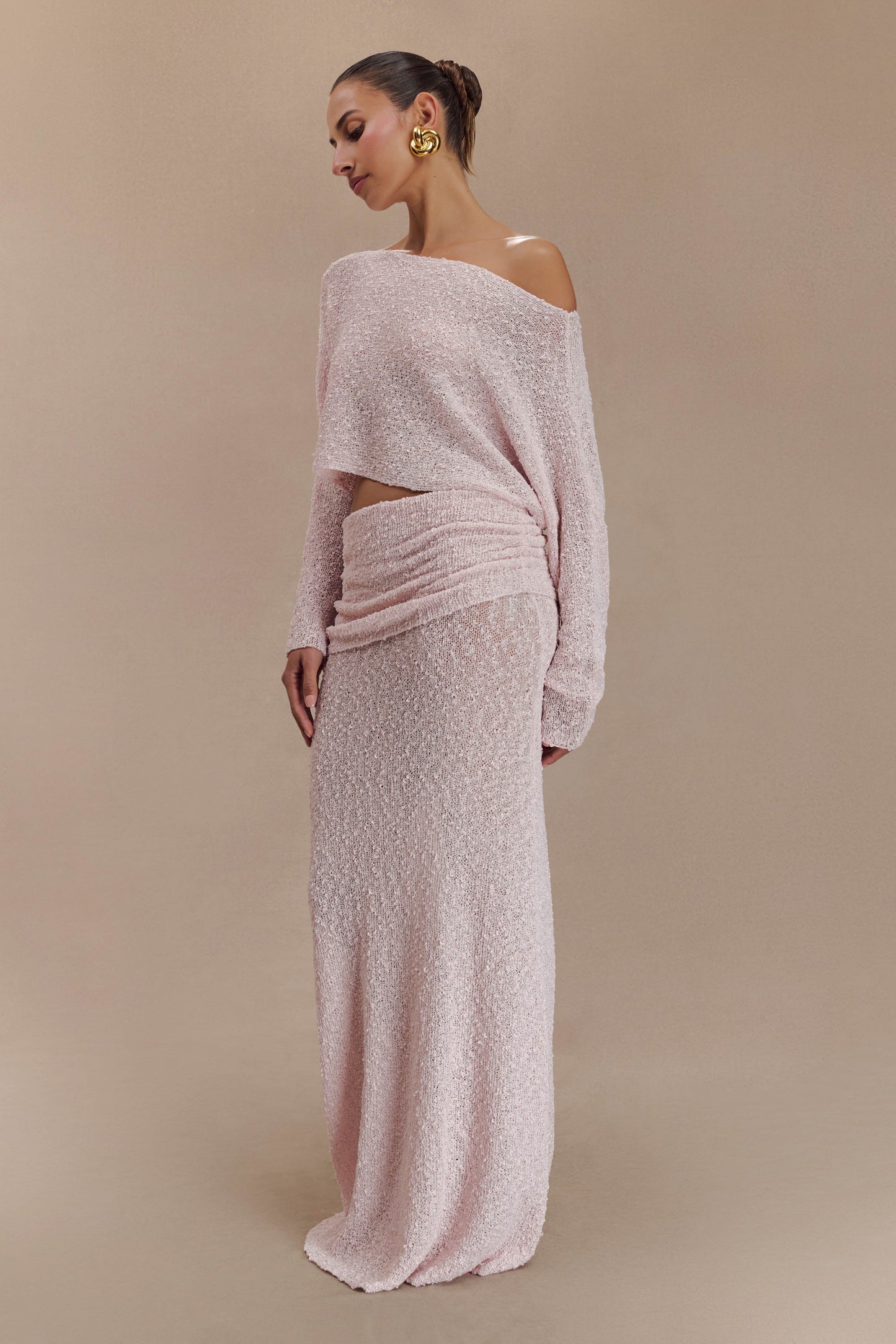 Jupe Maxi Tricoté à Volants Petra - Rose Poudré